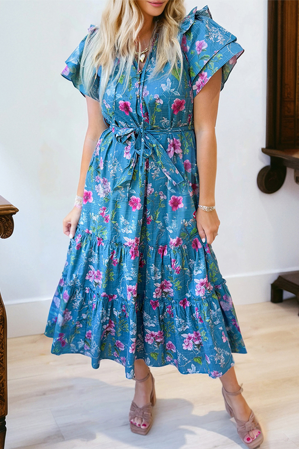 Blue Floral Flutter Sleeve Button Tie Split Neck Belted Long Dress view 2