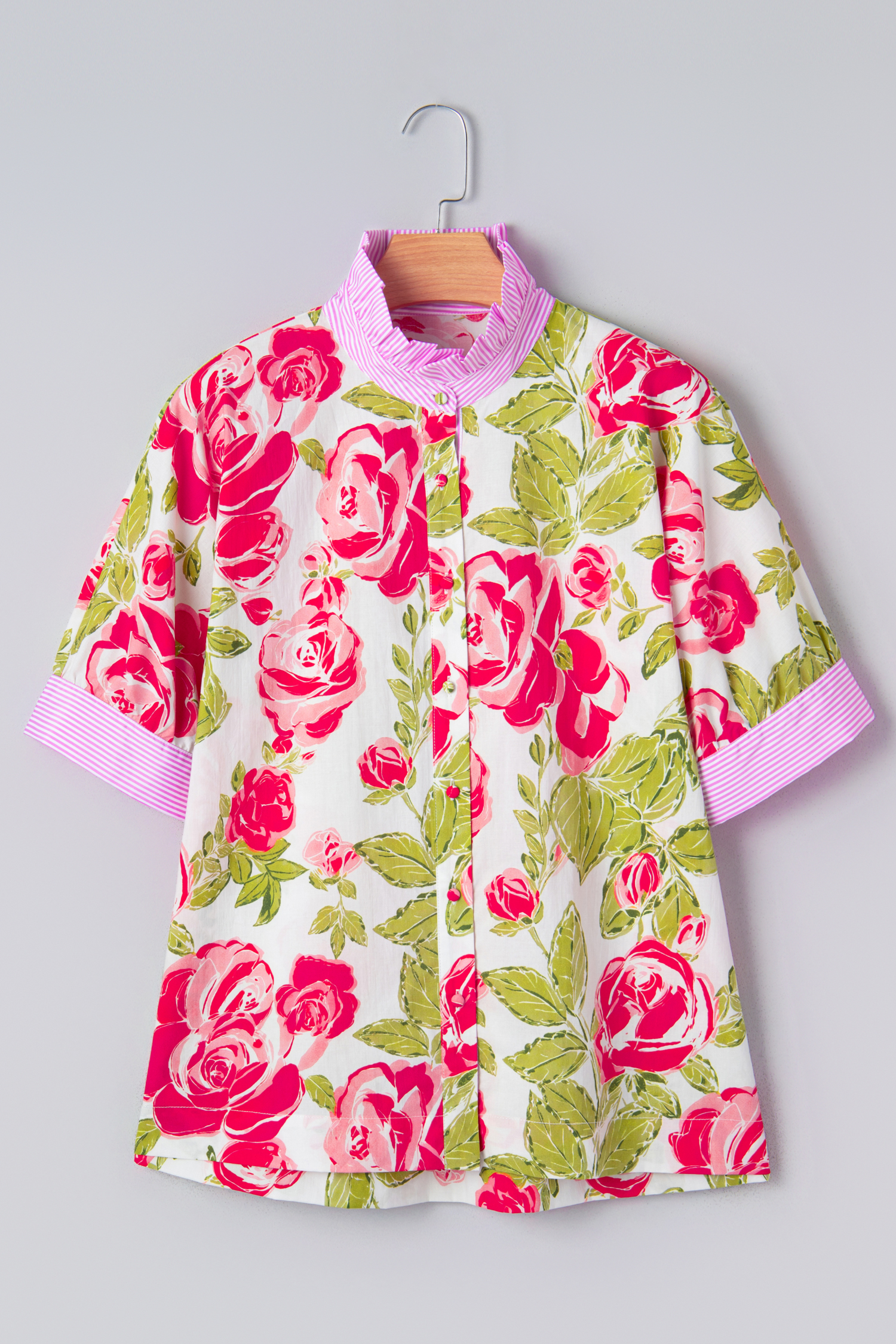 Pink Flower Print Striped Trim Frilled Collar Short Sleeve Shirt view 12