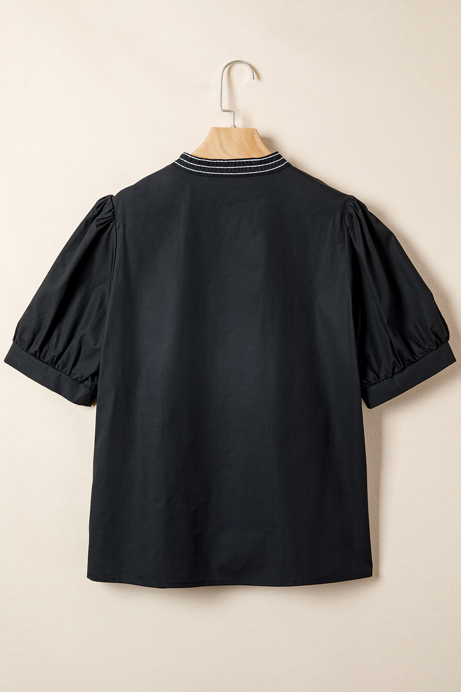 Black Short Puff Sleeve Contrast Embroidered Detail V Neck Blouse view 7