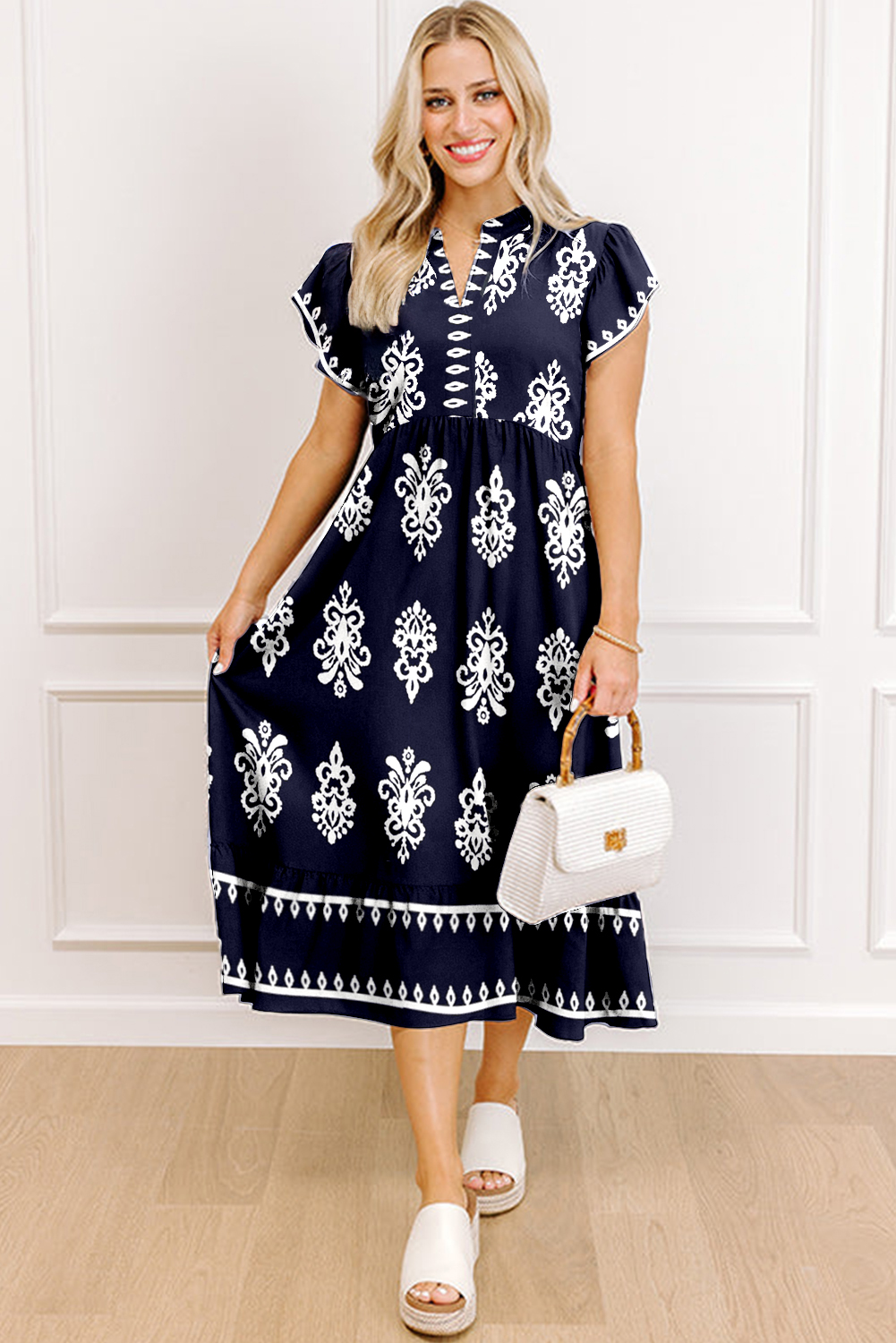 Blue Western Ethnic Print Notched Neck Short Sleeve Midi Dress view 12