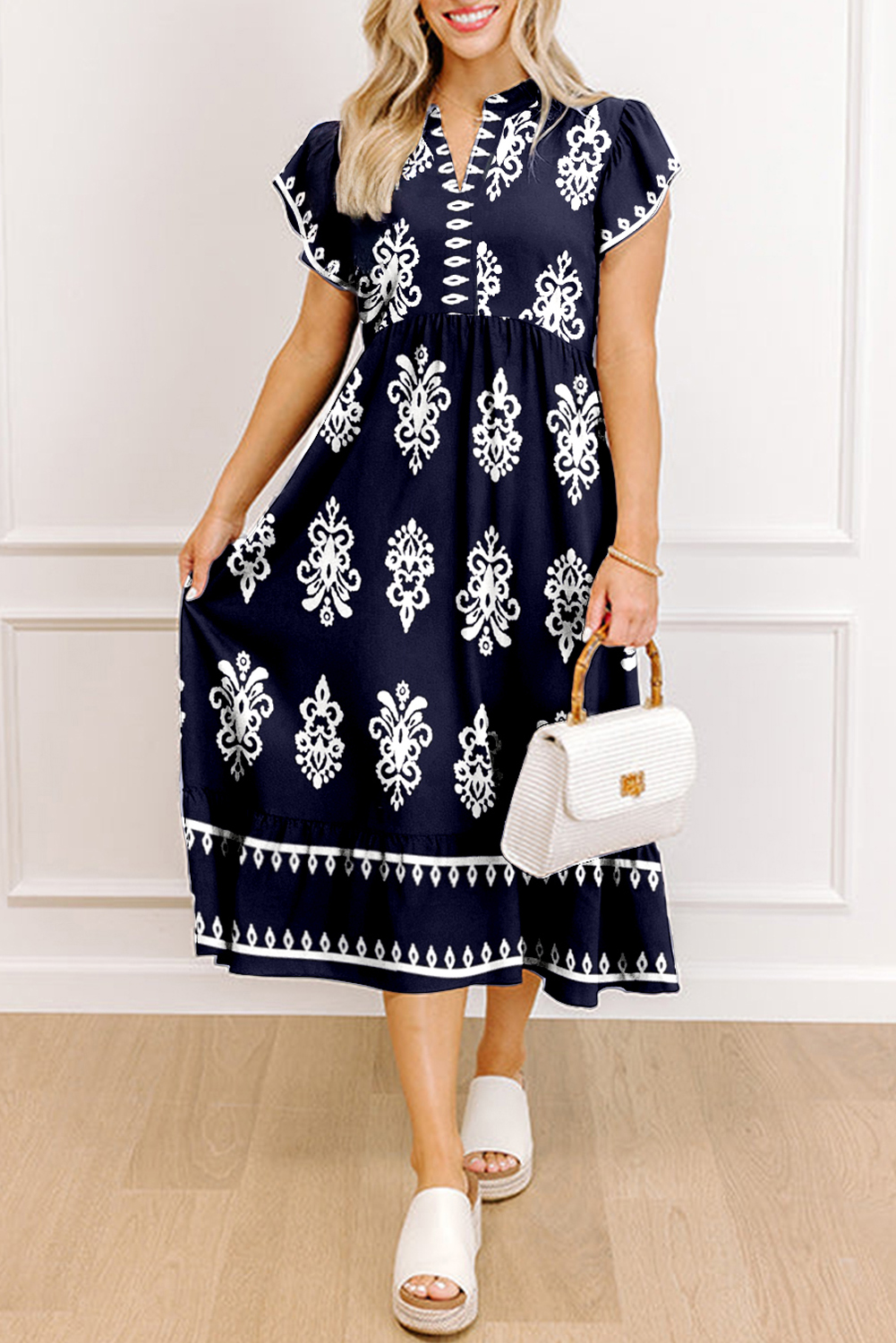 Blue Western Ethnic Print Notched Neck Short Sleeve Midi Dress view 9