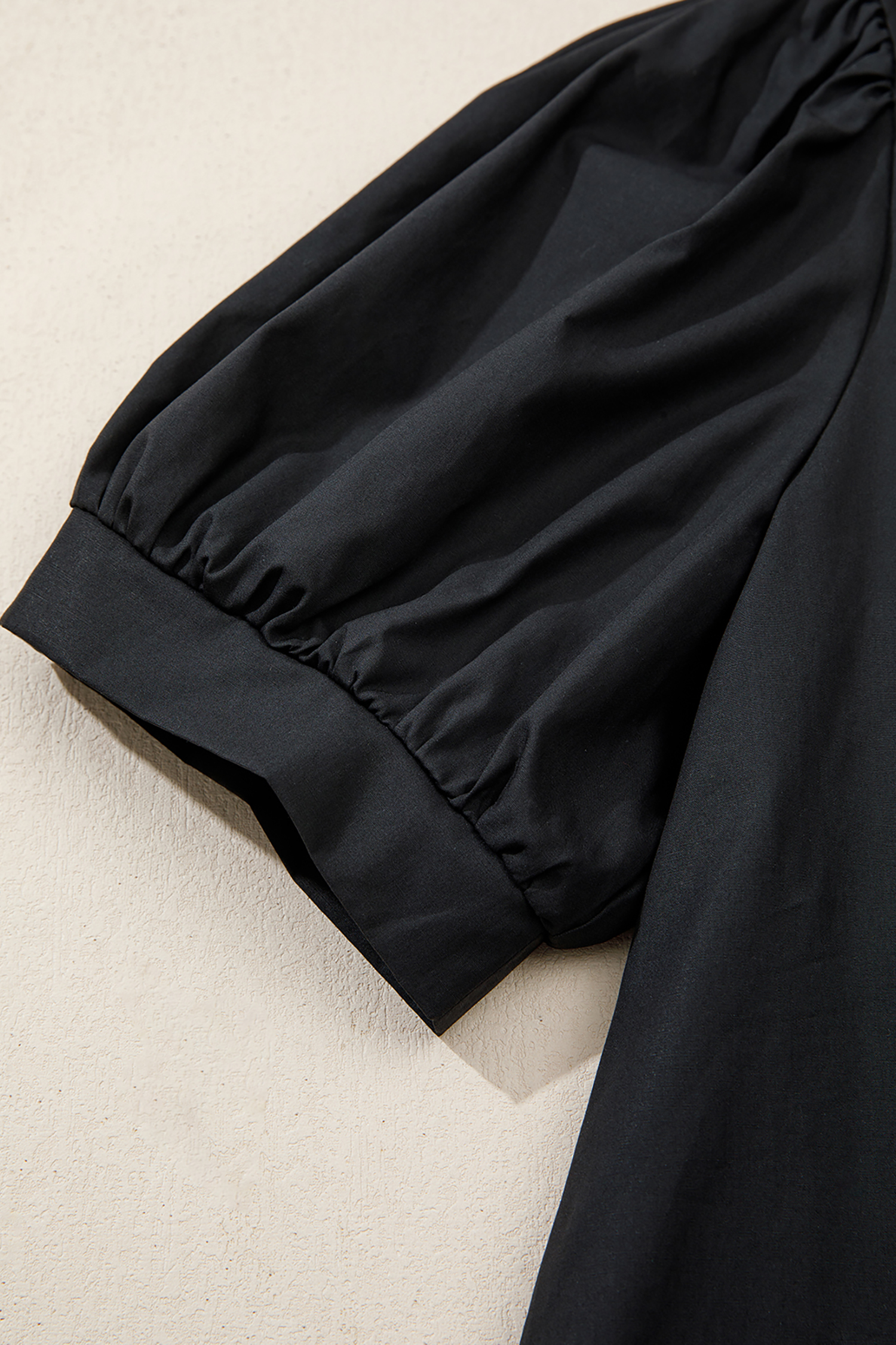 Black Short Puff Sleeve Contrast Embroidered Detail V Neck Blouse view 9