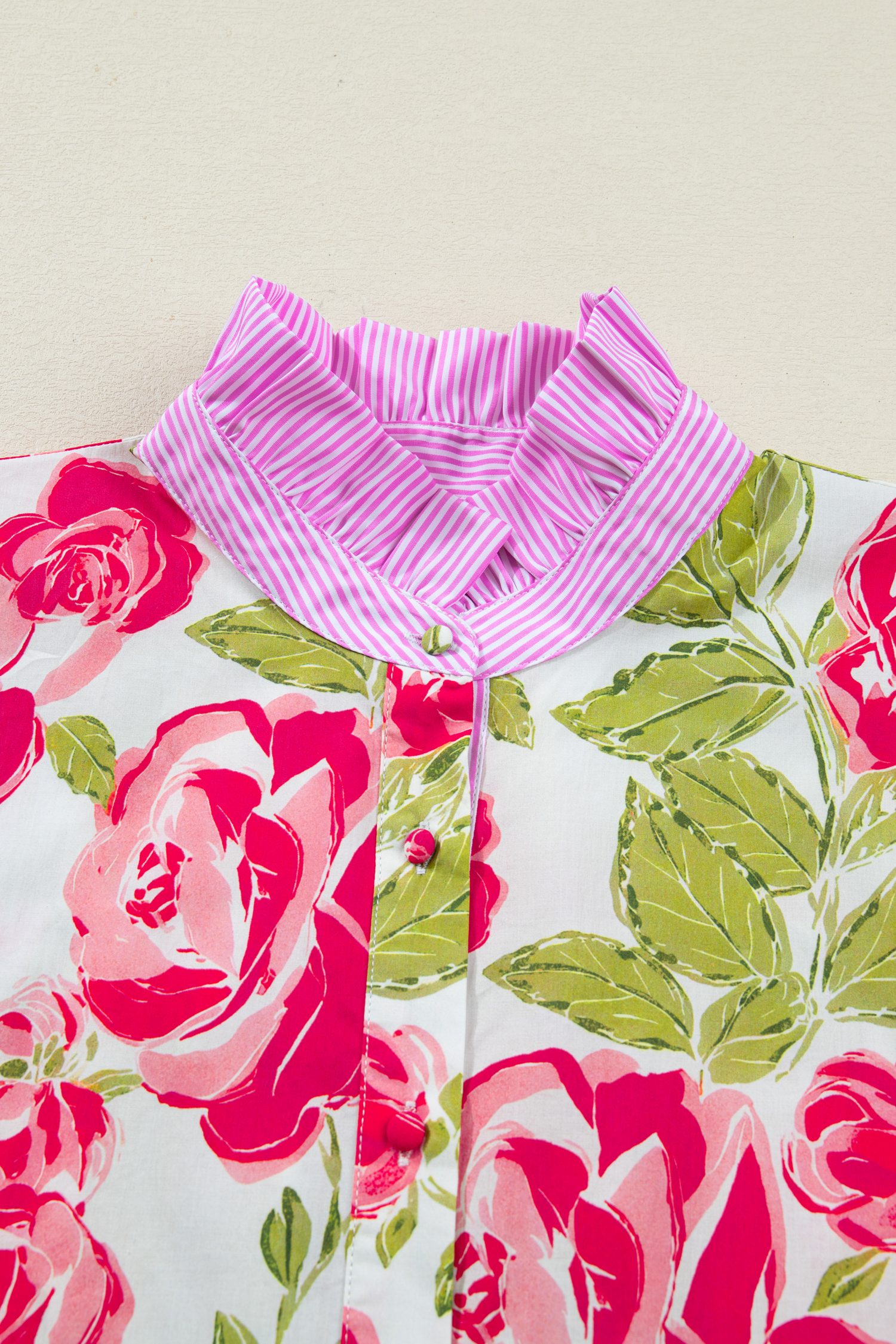Pink Flower Print Striped Trim Frilled Collar Short Sleeve Shirt view 14