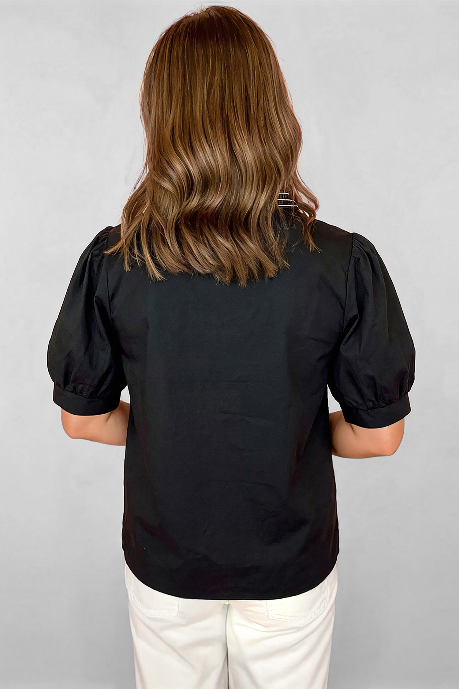 Black Short Puff Sleeve Contrast Embroidered Detail V Neck Blouse view 2