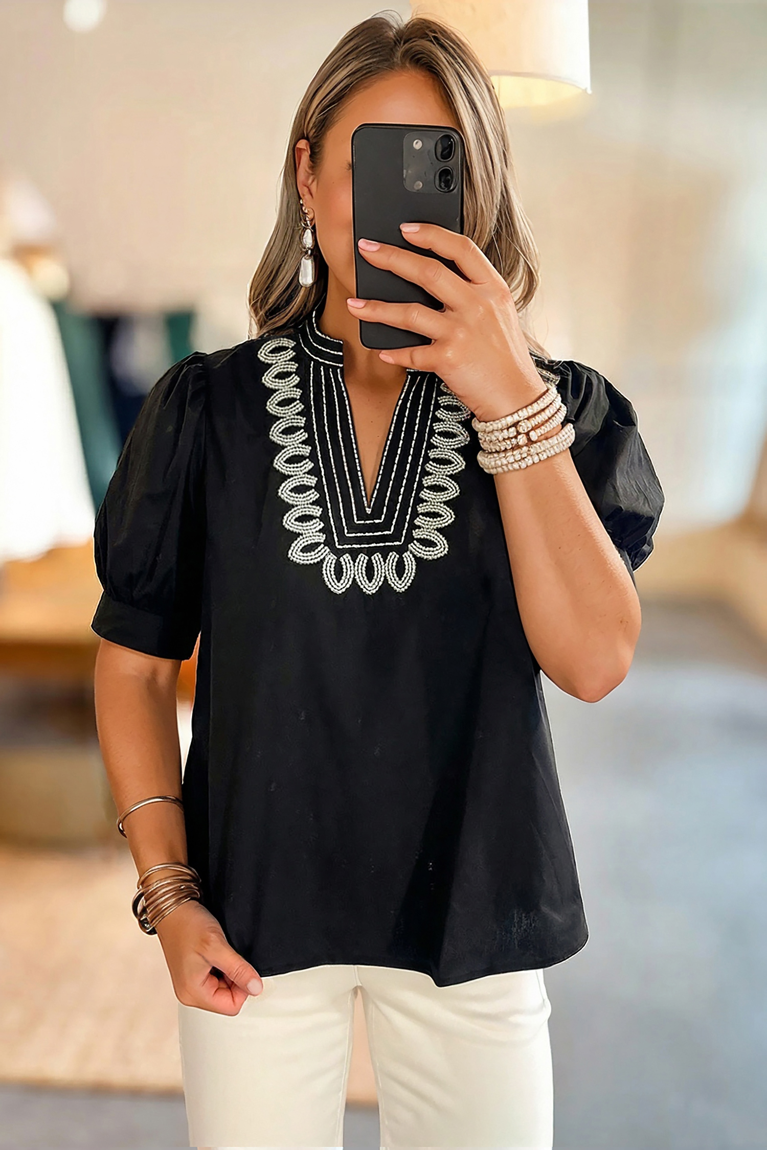 Black Short Puff Sleeve Contrast Embroidered Detail V Neck Blouse view 4