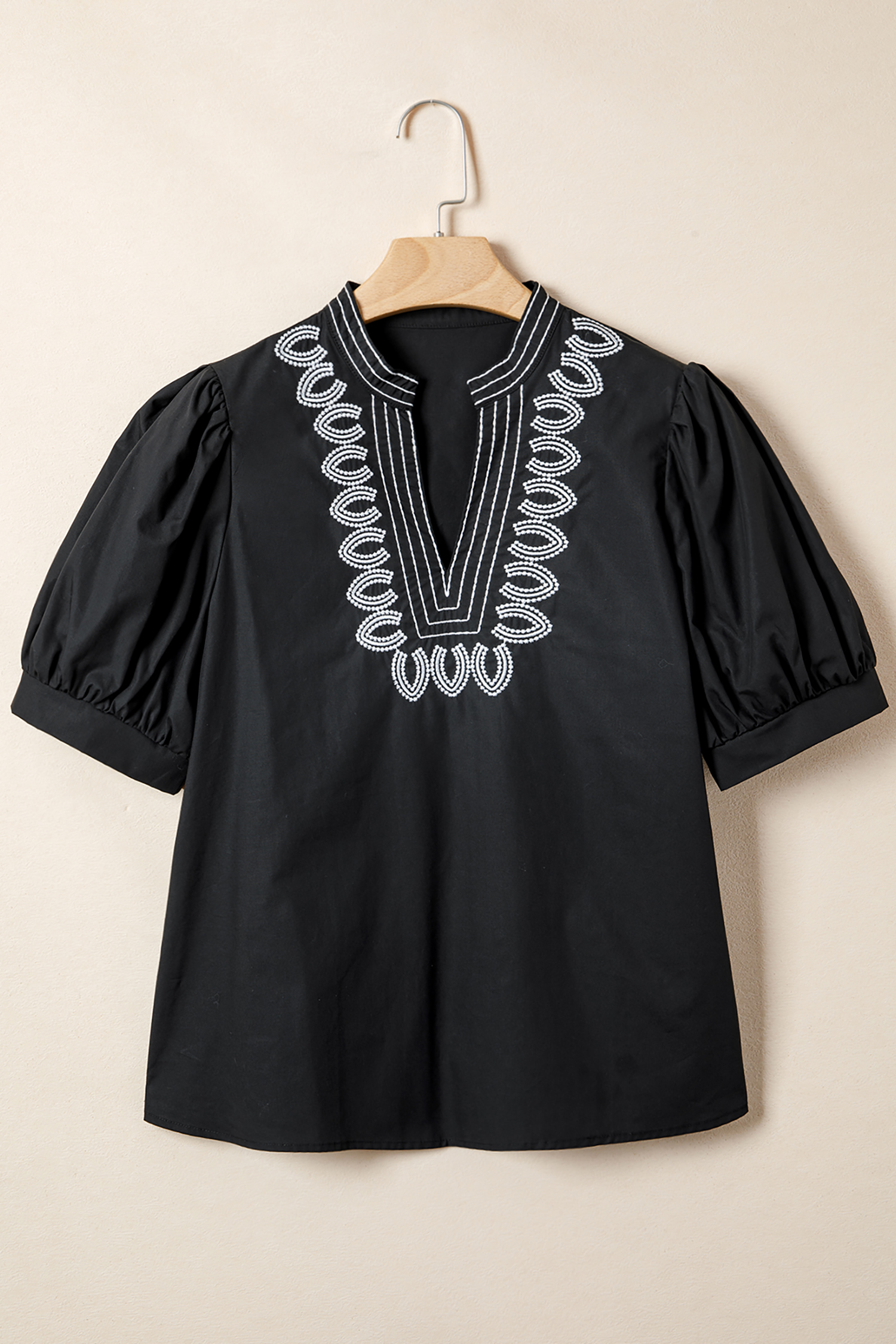 Black Short Puff Sleeve Contrast Embroidered Detail V Neck Blouse view 6