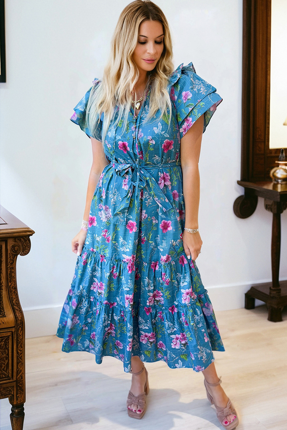 Blue Floral Flutter Sleeve Button Tie Split Neck Belted Long Dress view 12