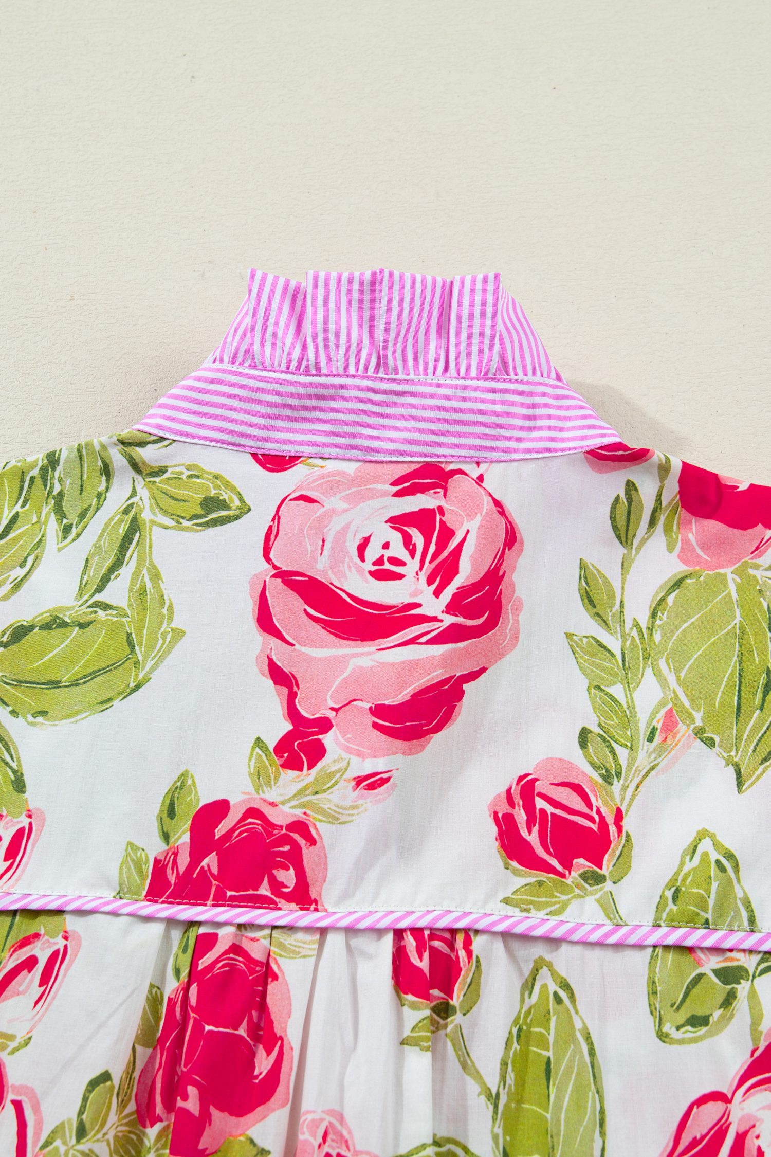 Pink Flower Print Striped Trim Frilled Collar Short Sleeve Shirt view 18