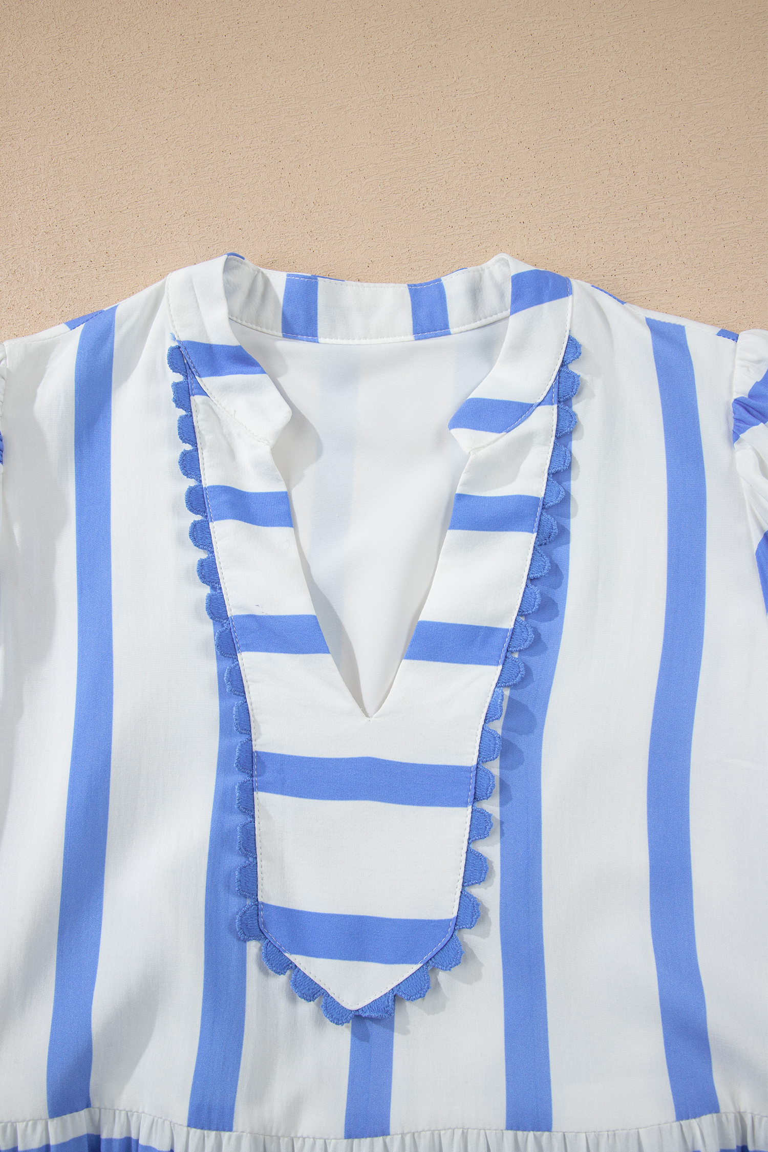 Sky Blue Stripe Ricrac Trim Notched Neck Half Sleeve Vacation Dress view 15