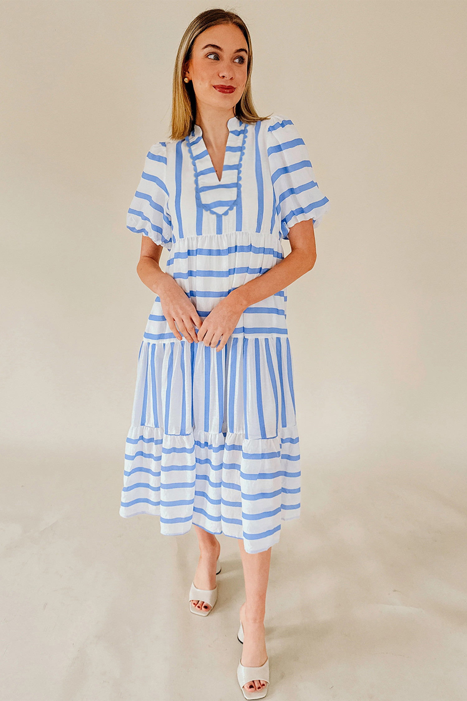 Sky Blue Stripe Ricrac Trim Notched Neck Half Sleeve Vacation Dress view 9