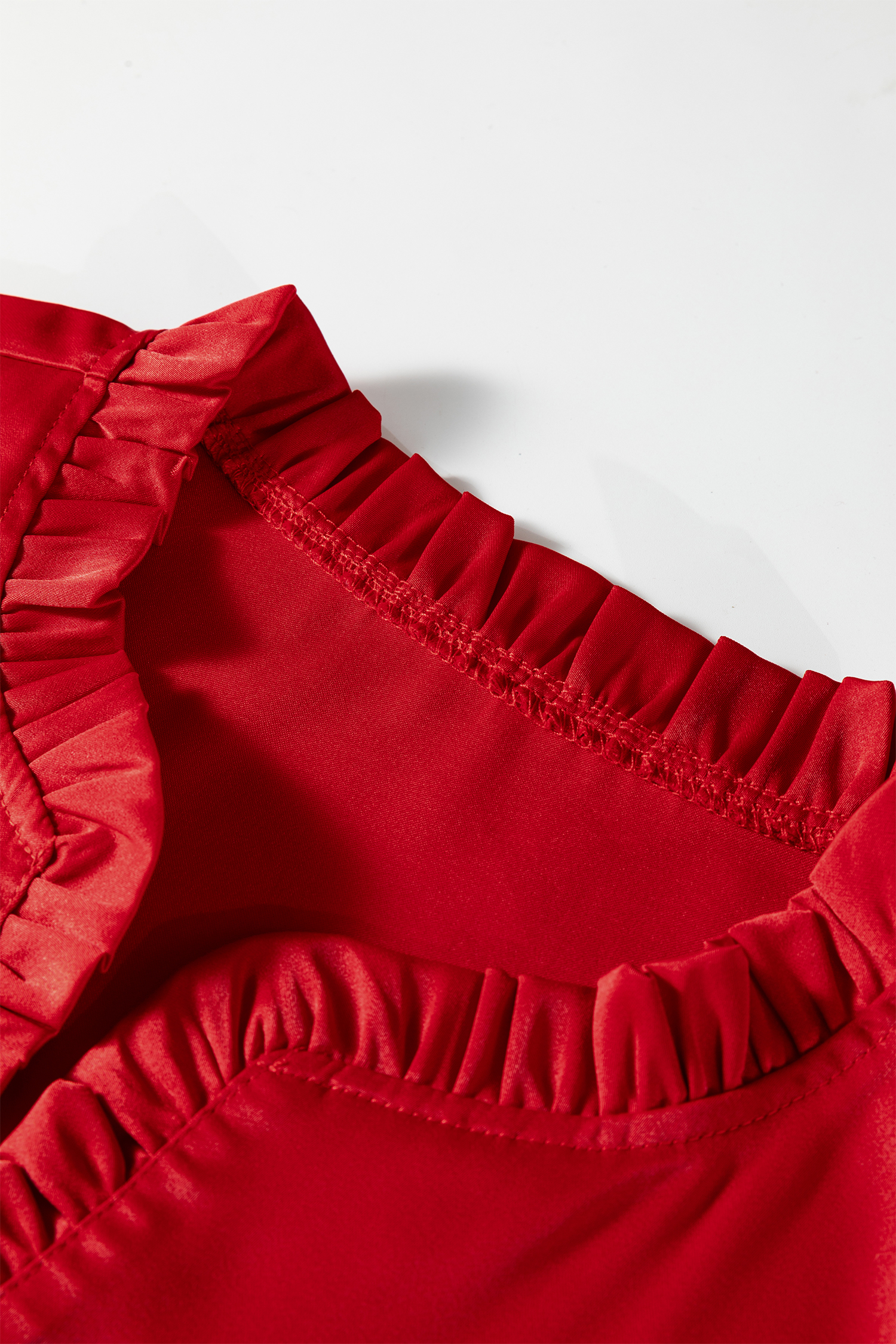 Fiery Red Solid Color Frilled V Neck Bow Detail 3/4 Sleeve Blouse view 17