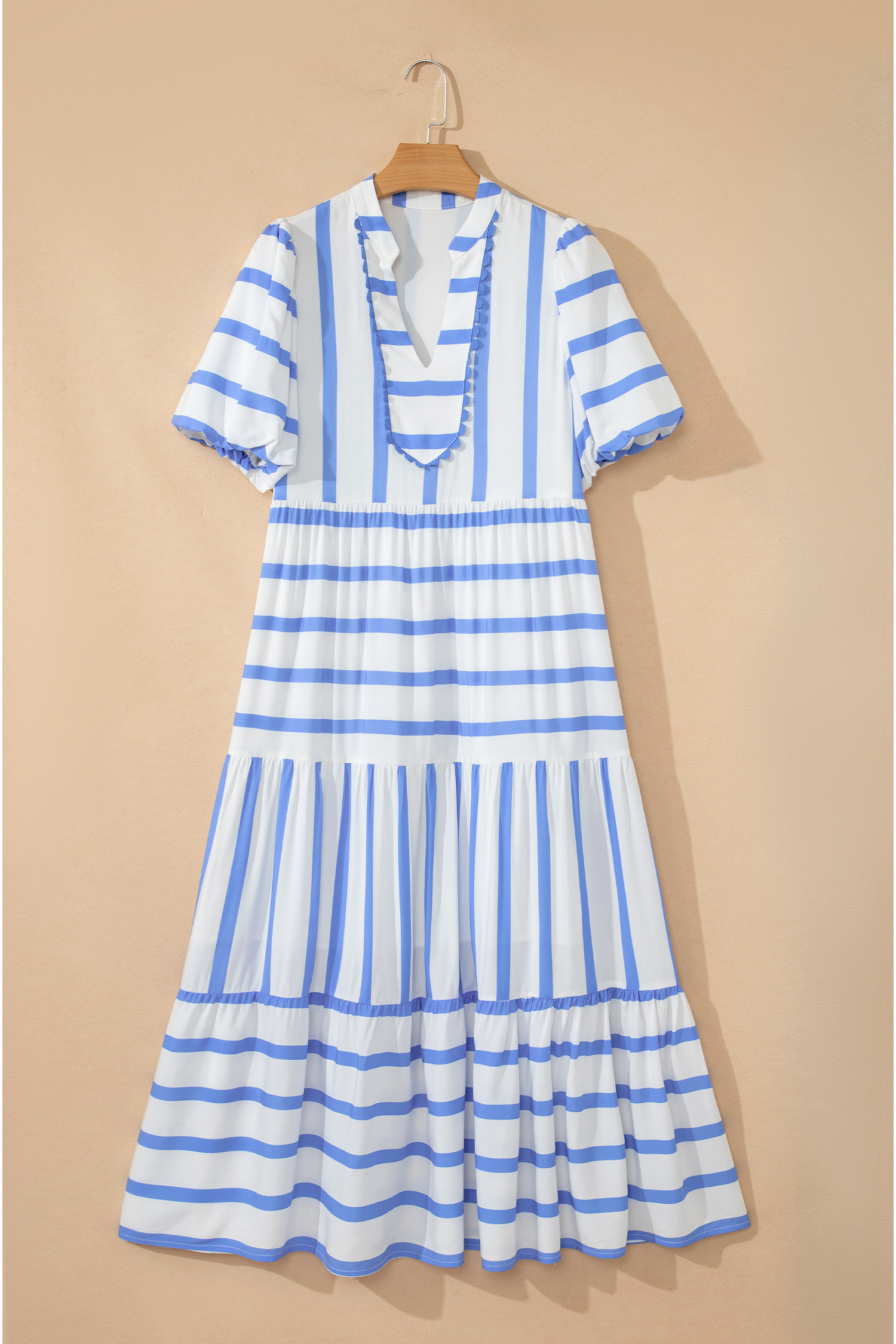 Sky Blue Stripe Ricrac Trim Notched Neck Half Sleeve Vacation Dress view 13