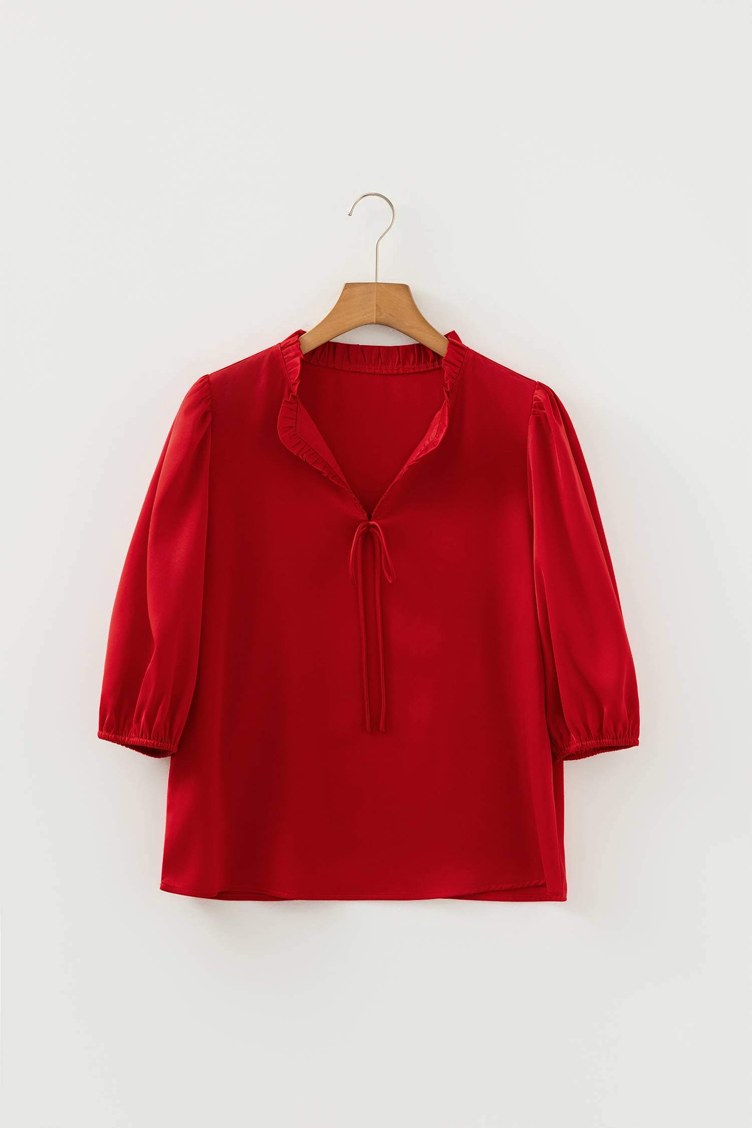 Fiery Red Solid Color Frilled V Neck Bow Detail 3/4 Sleeve Blouse view 15