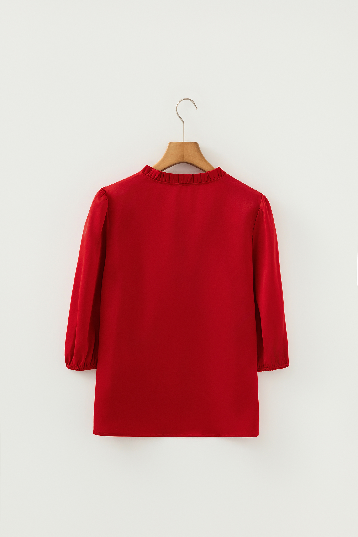 Fiery Red Solid Color Frilled V Neck Bow Detail 3/4 Sleeve Blouse view 16