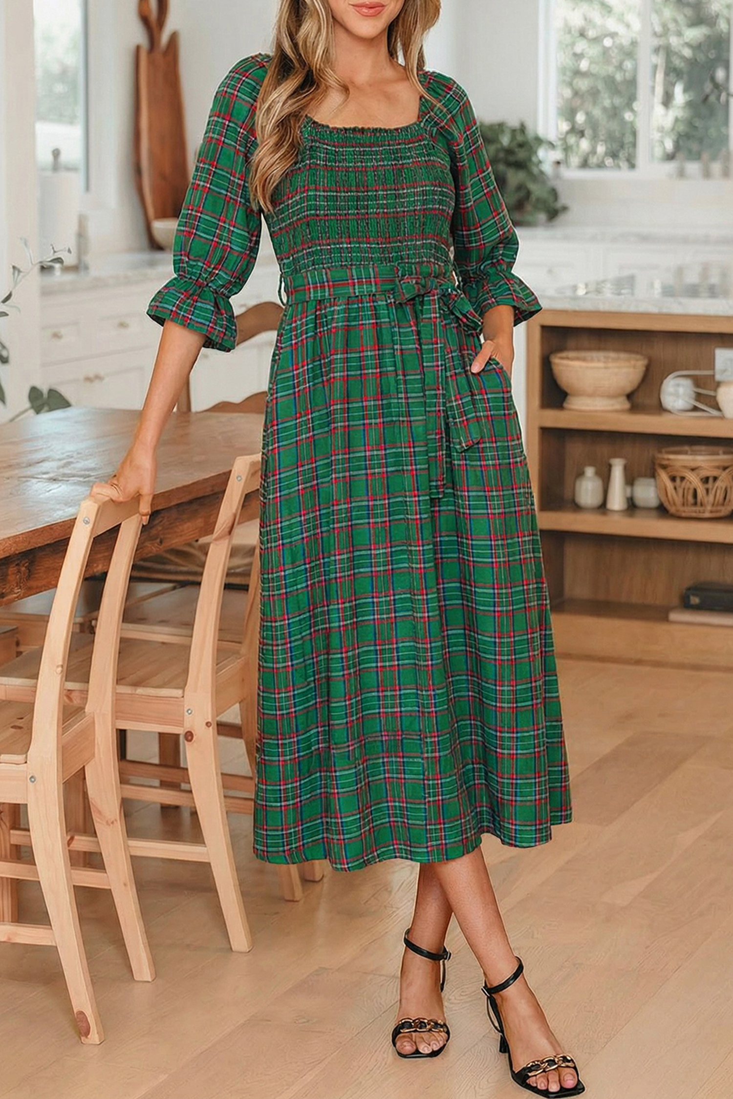 Green Tartan Plaid Square Neck Puff Sleeve Knot Waist Flared Midi Dress view 6