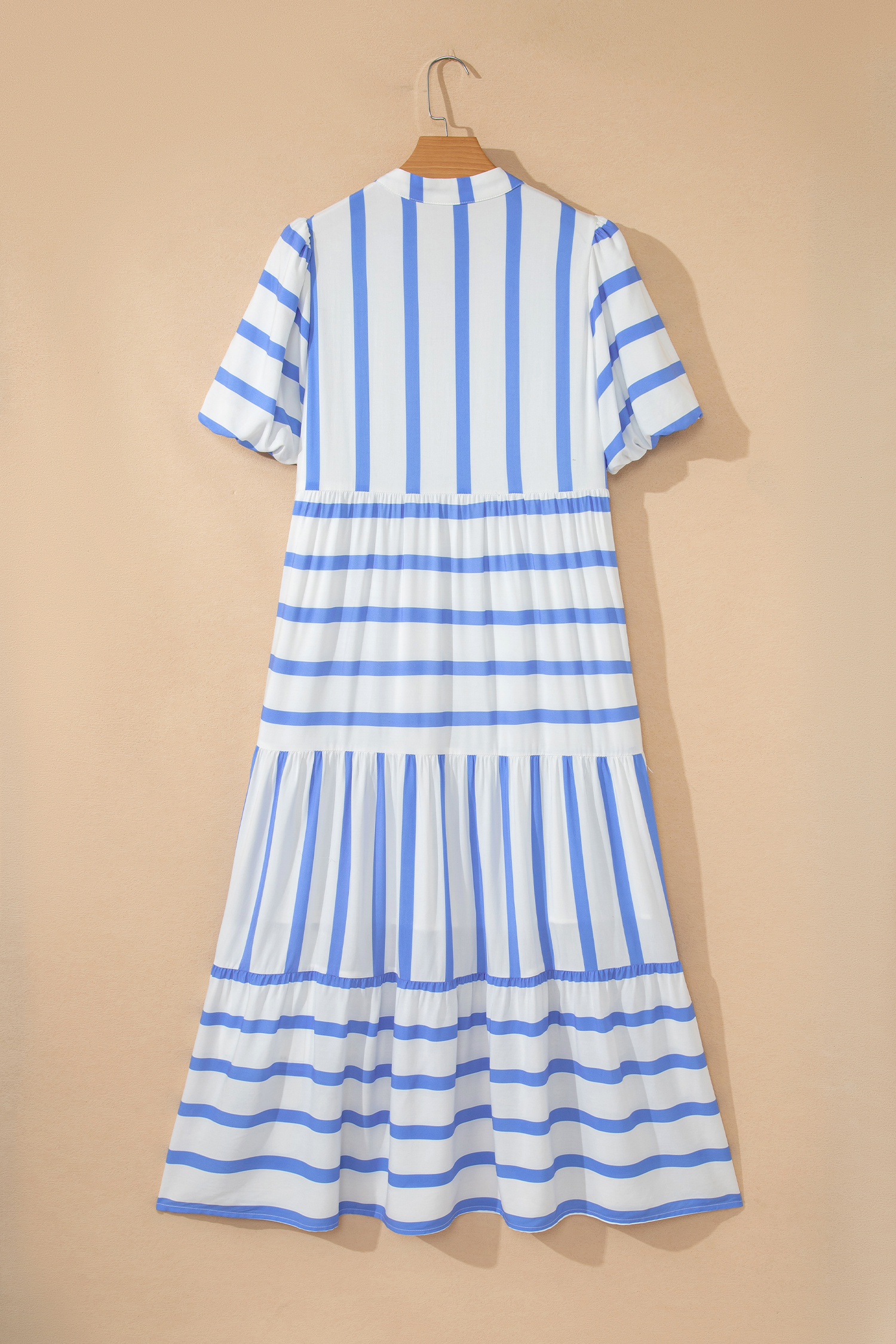 Sky Blue Stripe Ricrac Trim Notched Neck Half Sleeve Vacation Dress view 14