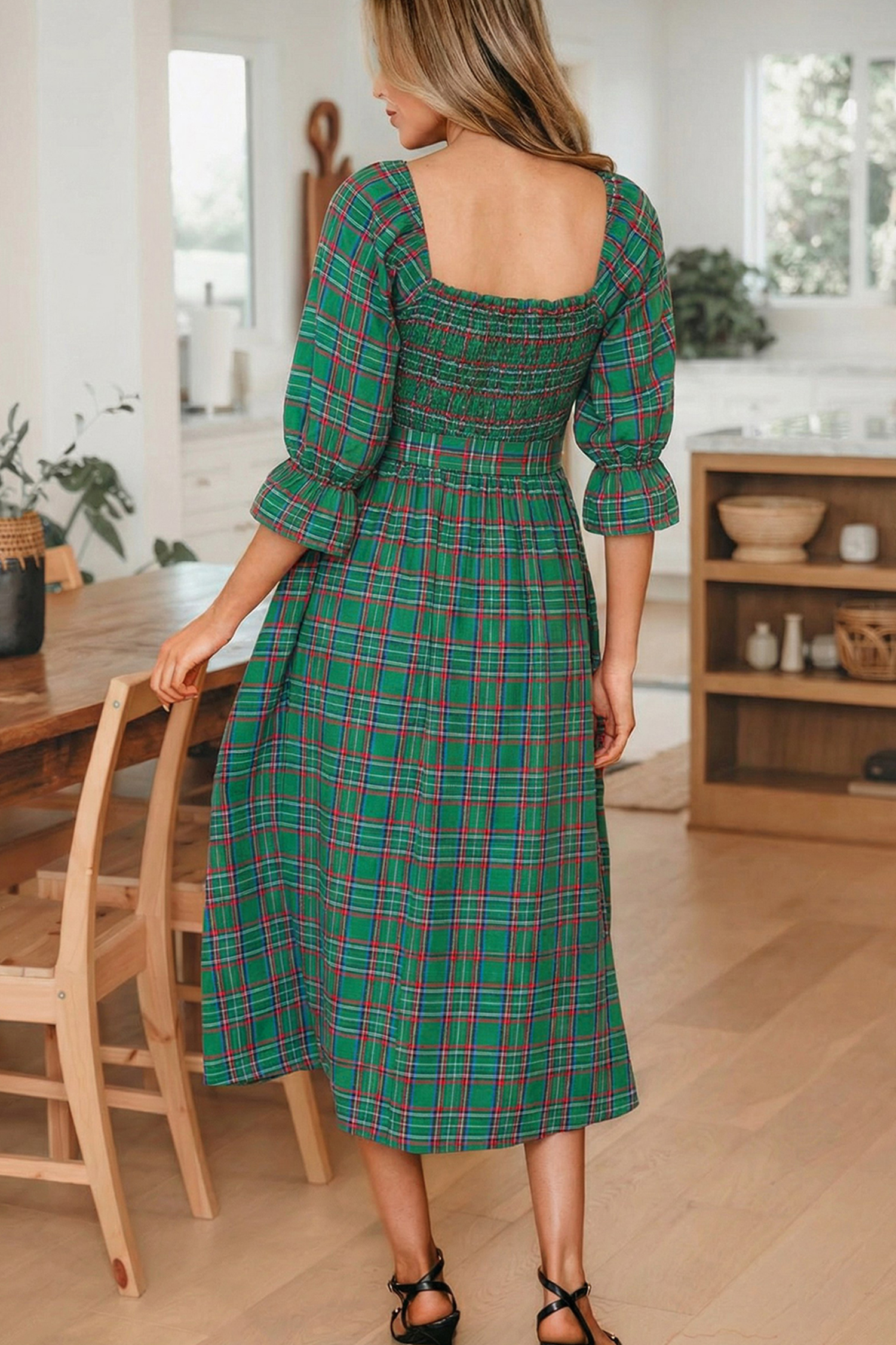 Green Tartan Plaid Square Neck Puff Sleeve Knot Waist Flared Midi Dress view 2