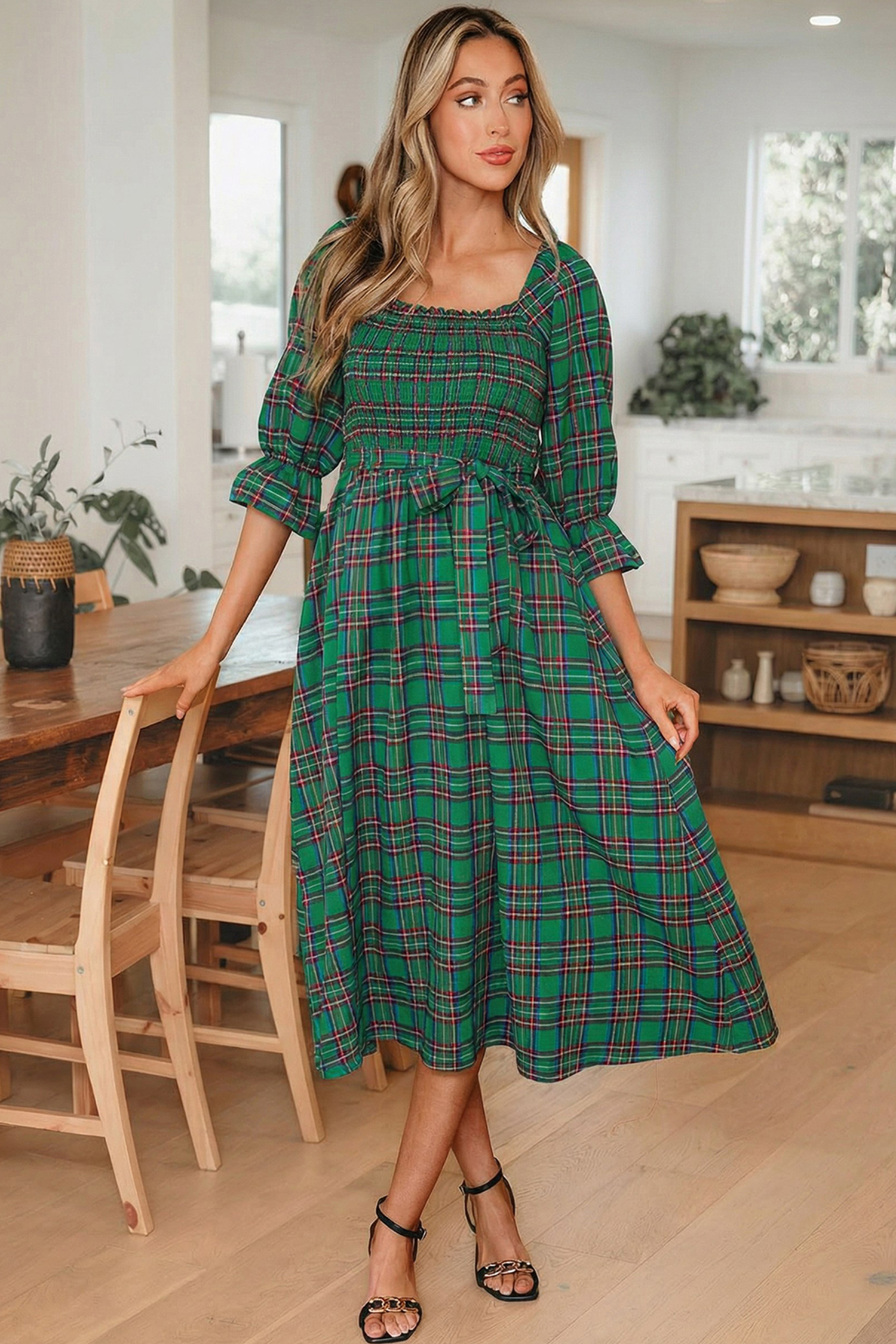 Green Tartan Plaid Square Neck Puff Sleeve Knot Waist Flared Midi Dress view 5