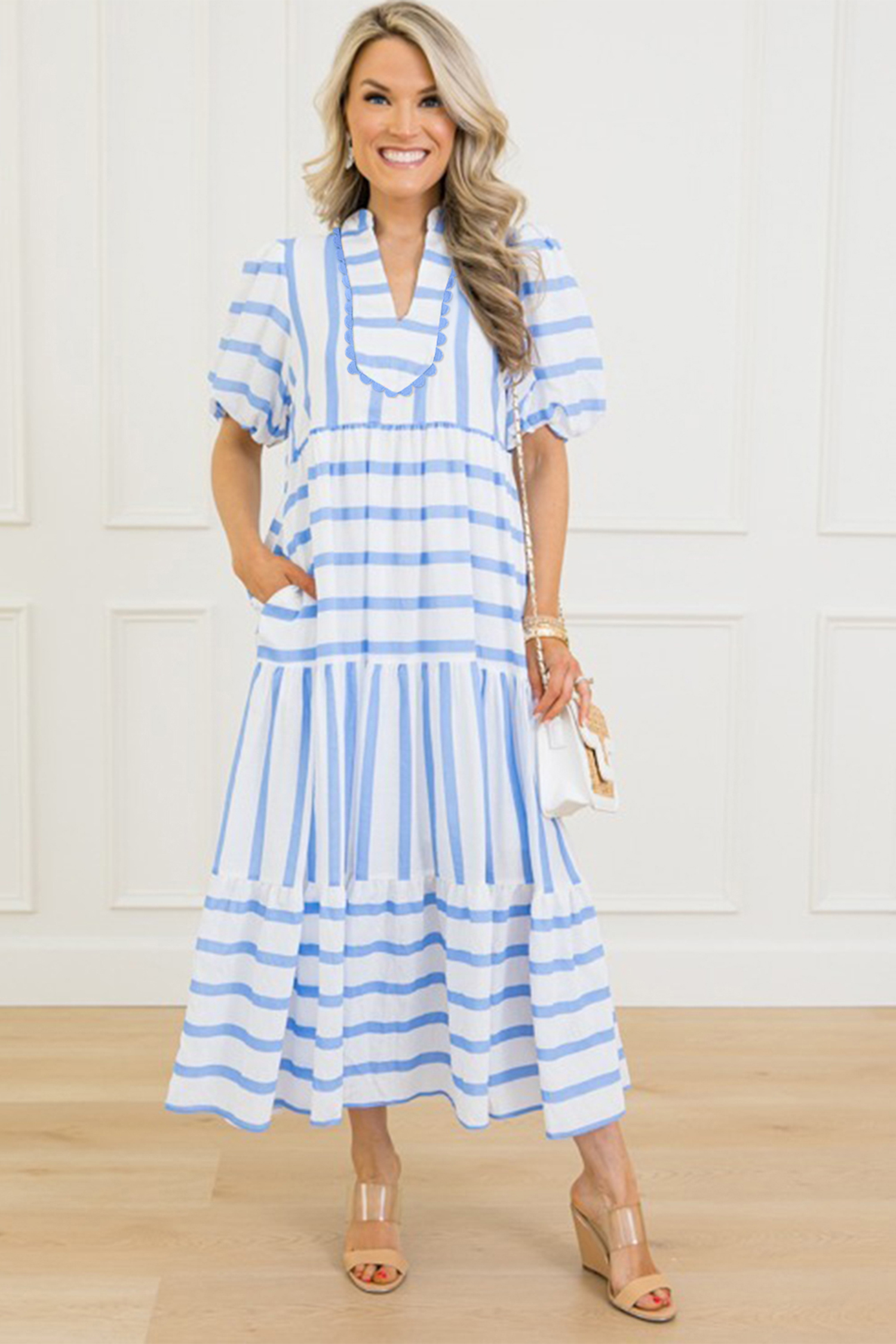 Sky Blue Stripe Ricrac Trim Notched Neck Half Sleeve Vacation Dress view 10