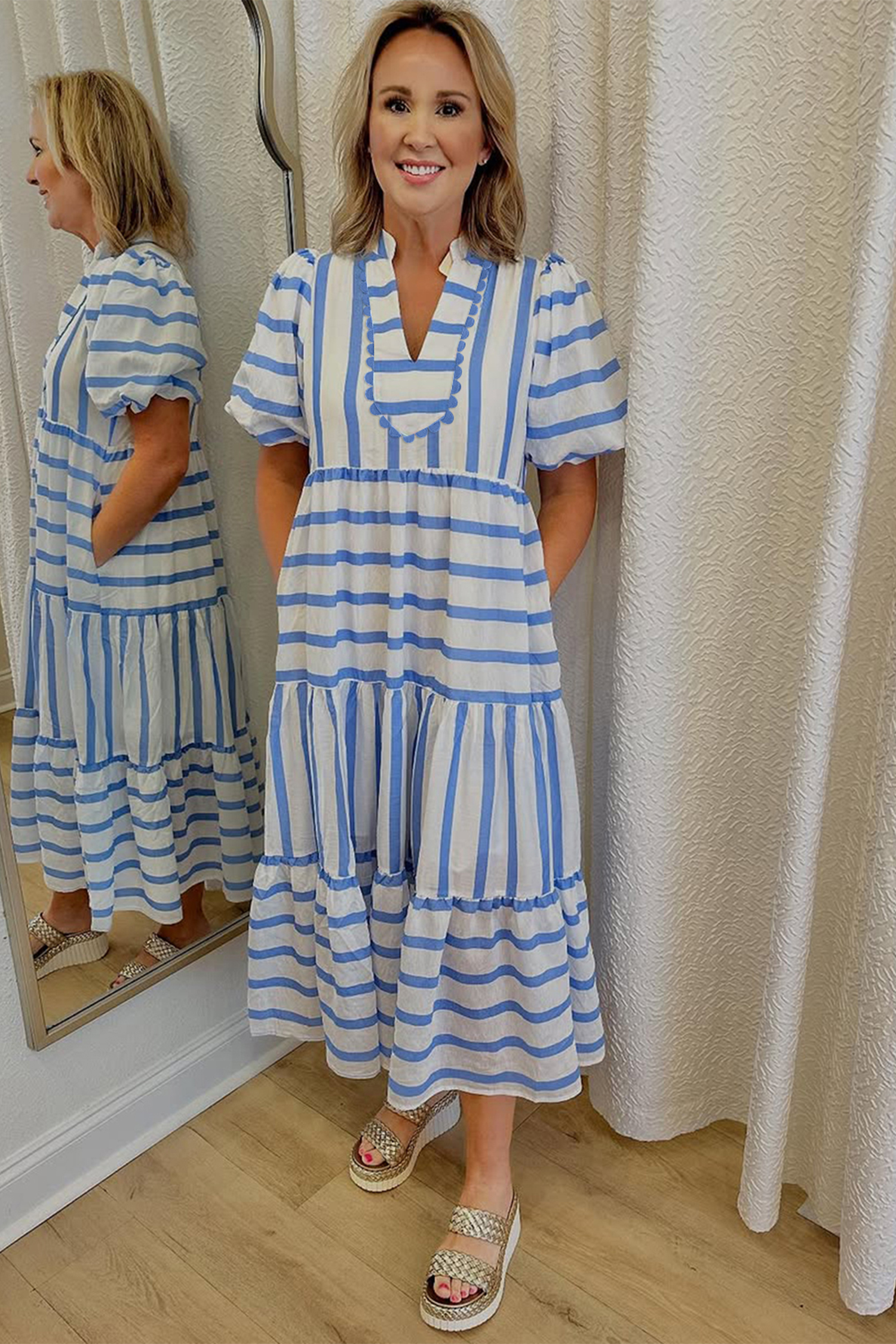 Sky Blue Stripe Ricrac Trim Notched Neck Half Sleeve Vacation Dress view 11