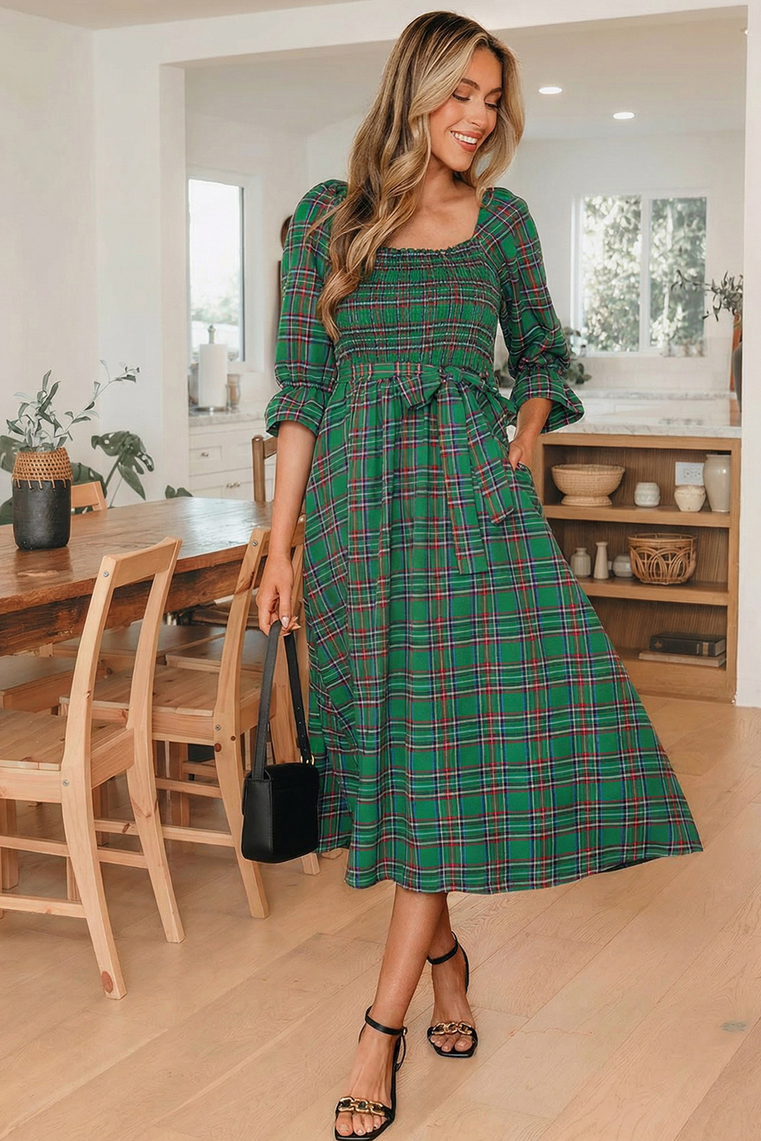 Green Tartan Plaid Square Neck Puff Sleeve Knot Waist Flared Midi Dress view 4