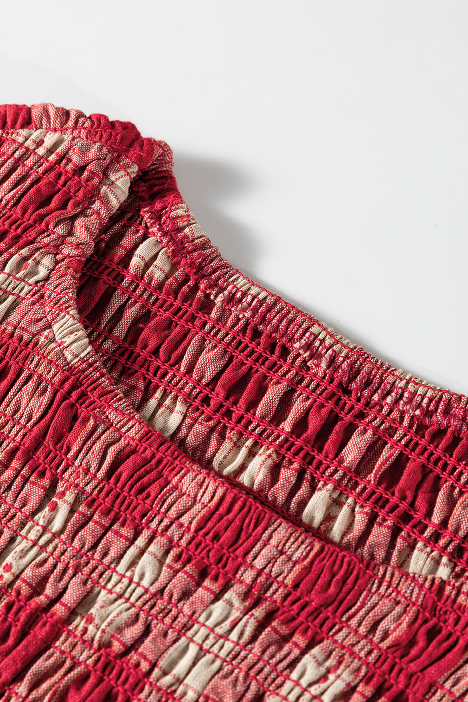 Red Plaid Print Smocked Puff Sleeve Mini Dress view 17