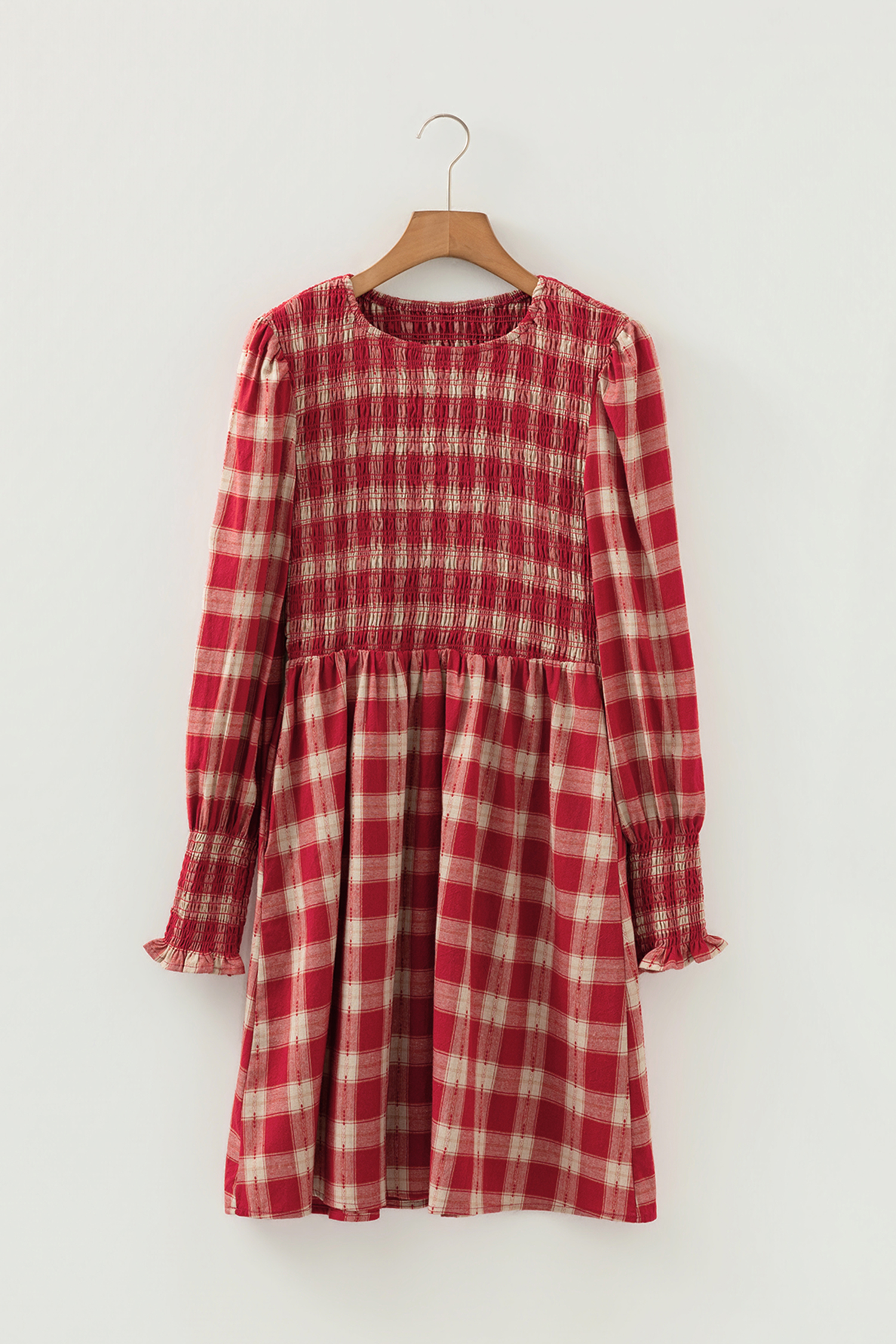 Red Plaid Print Smocked Puff Sleeve Mini Dress view 15