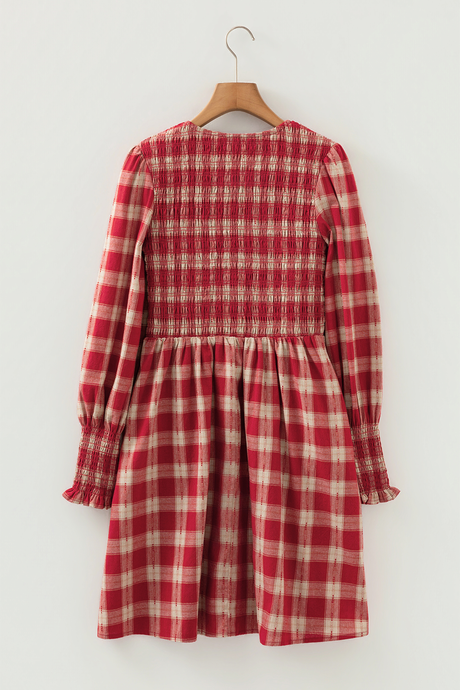 Red Plaid Print Smocked Puff Sleeve Mini Dress view 16