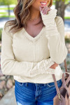 Beige Thermal Knit Lace Ruched Patchwork Long Sleeve V Neck Top