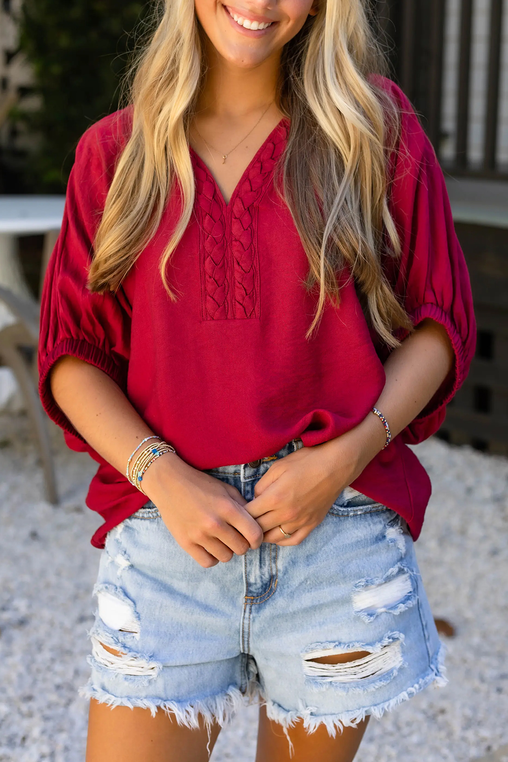 Racing Red Braided Trim V Neck Half Sleeve Blouse view 10