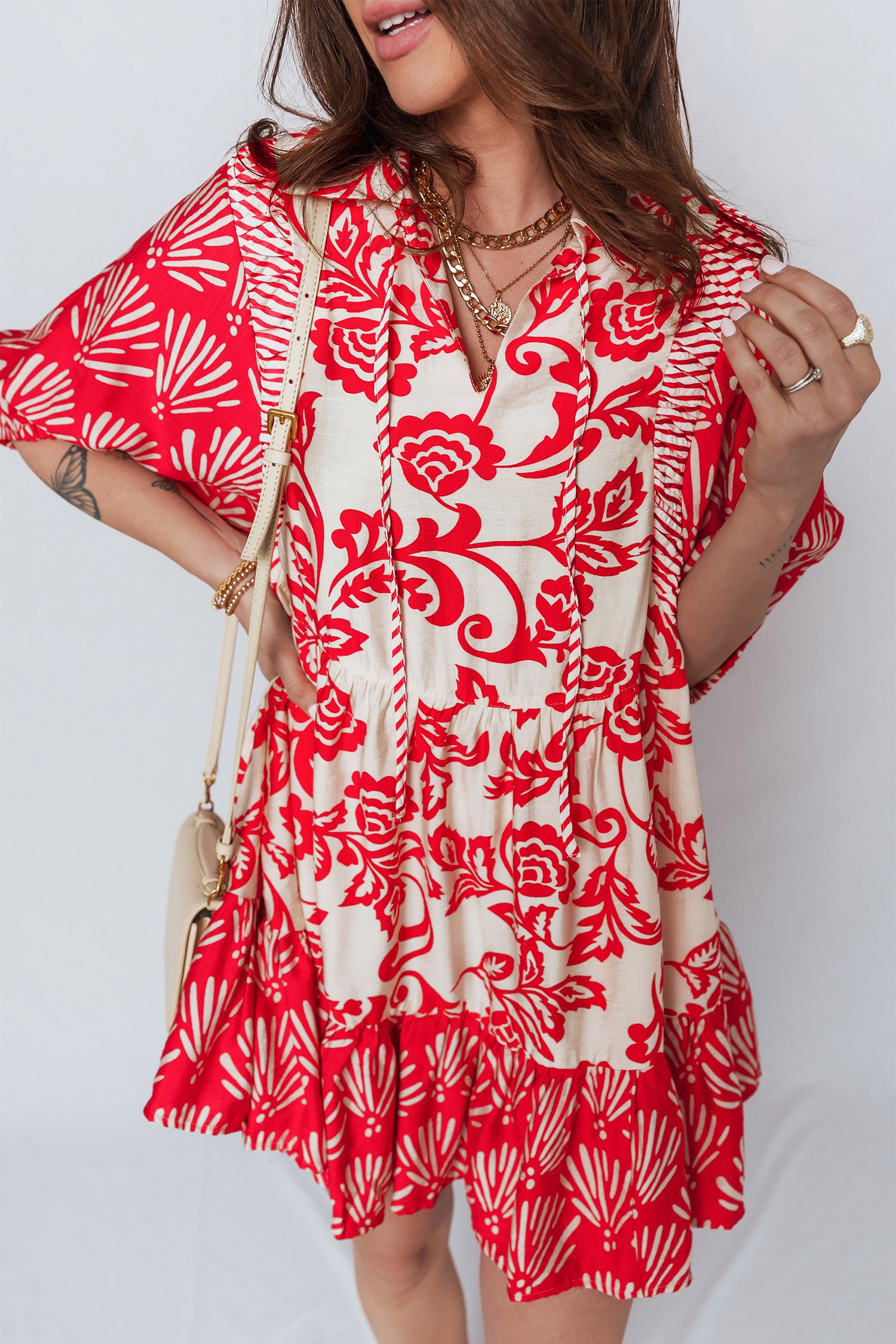 Red Collared V Neck Half Sleeve Loose Flower Mini Dress