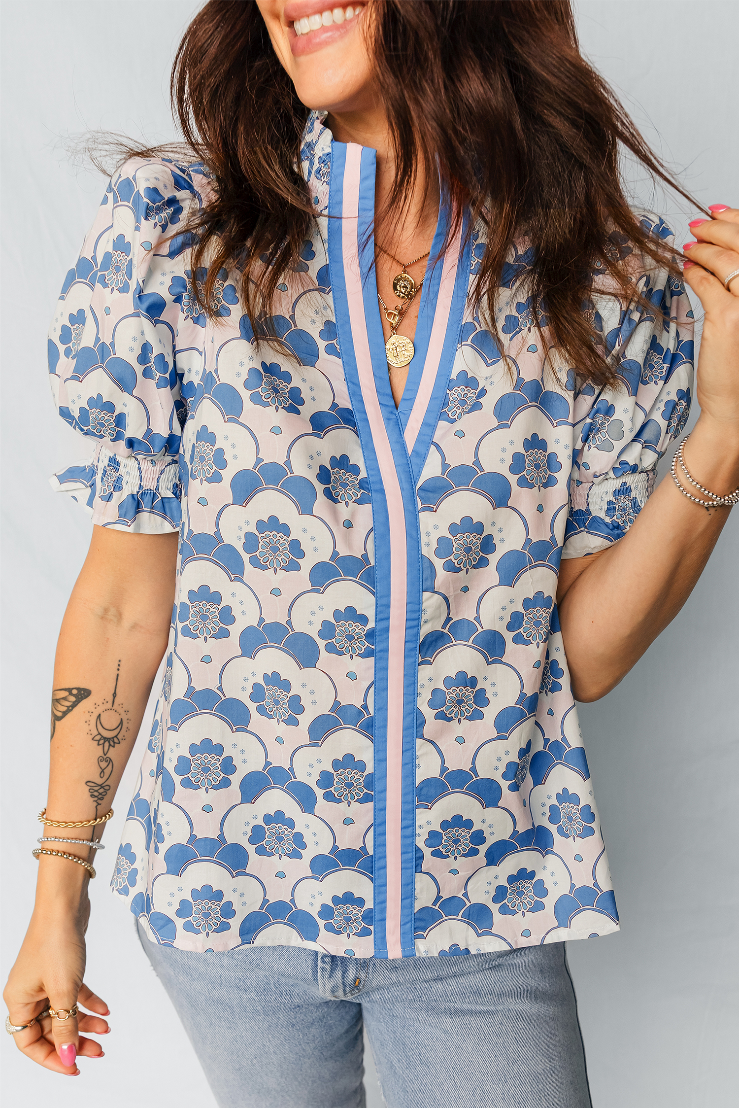 Sky Blue Floral Print Flounced Short Sleeve Contrast Trim V Neck Blouse