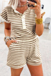 Brown Stripe Half Buttons Top and Shorts Set