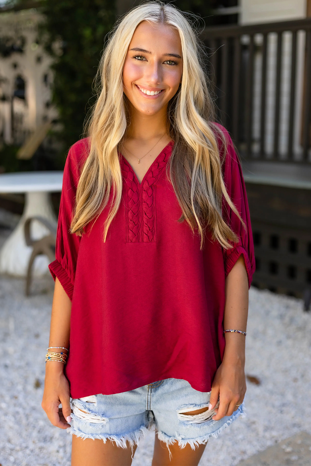 Racing Red Braided Trim V Neck Half Sleeve Blouse view 12
