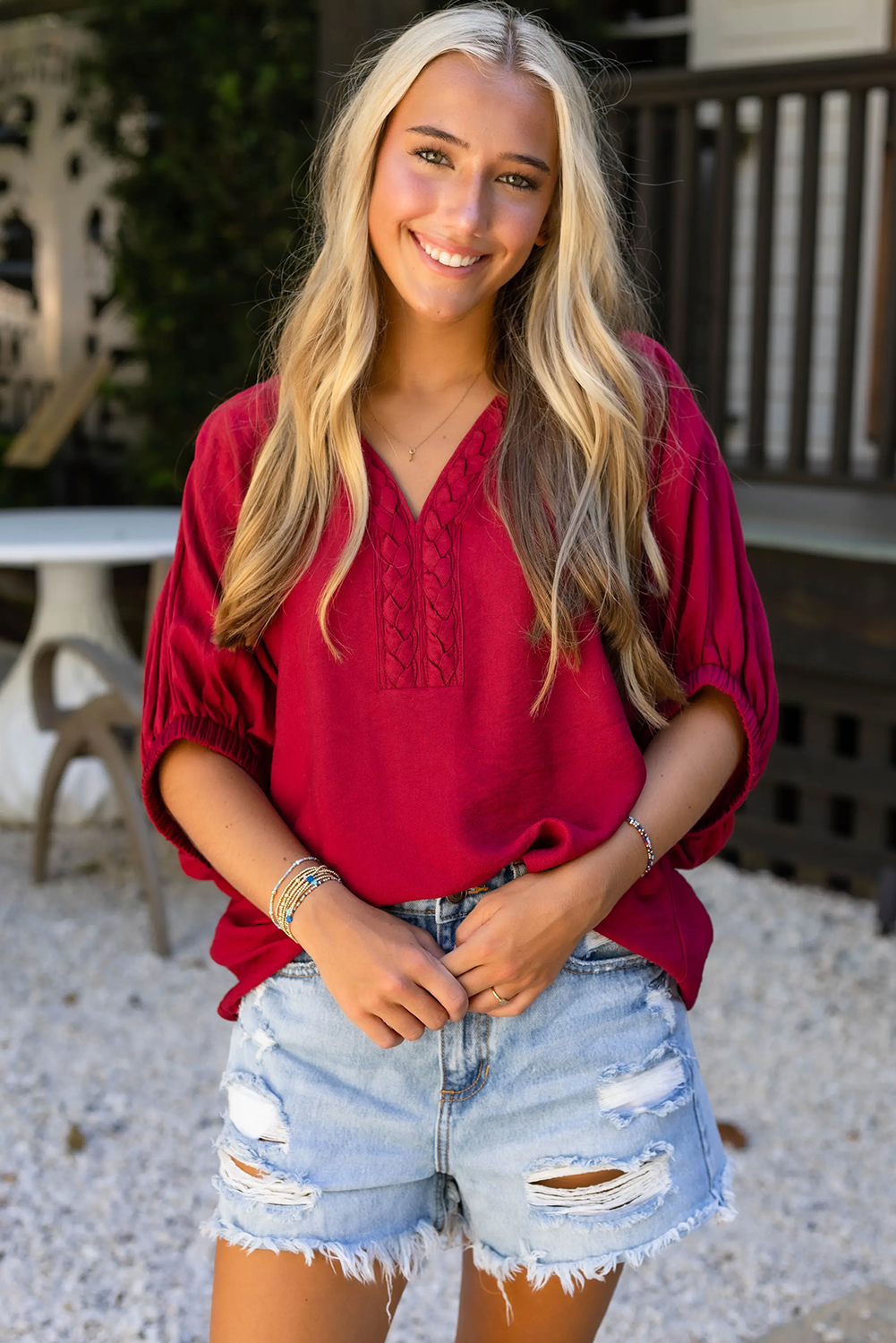 Racing Red Braided Trim V Neck Half Sleeve Blouse view 14