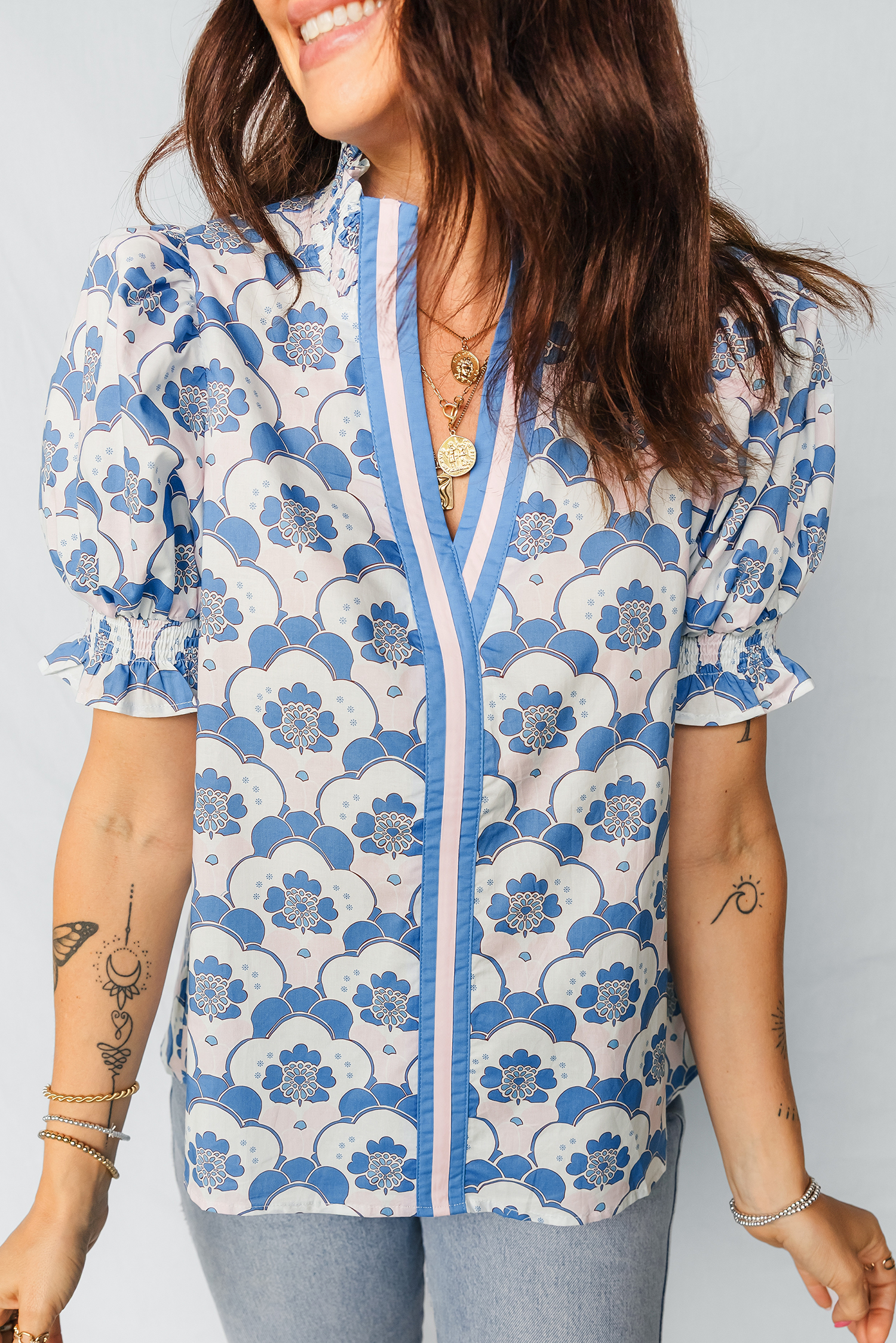 Sky Blue Floral Print Flounced Short Sleeve Contrast Trim V Neck Blouse