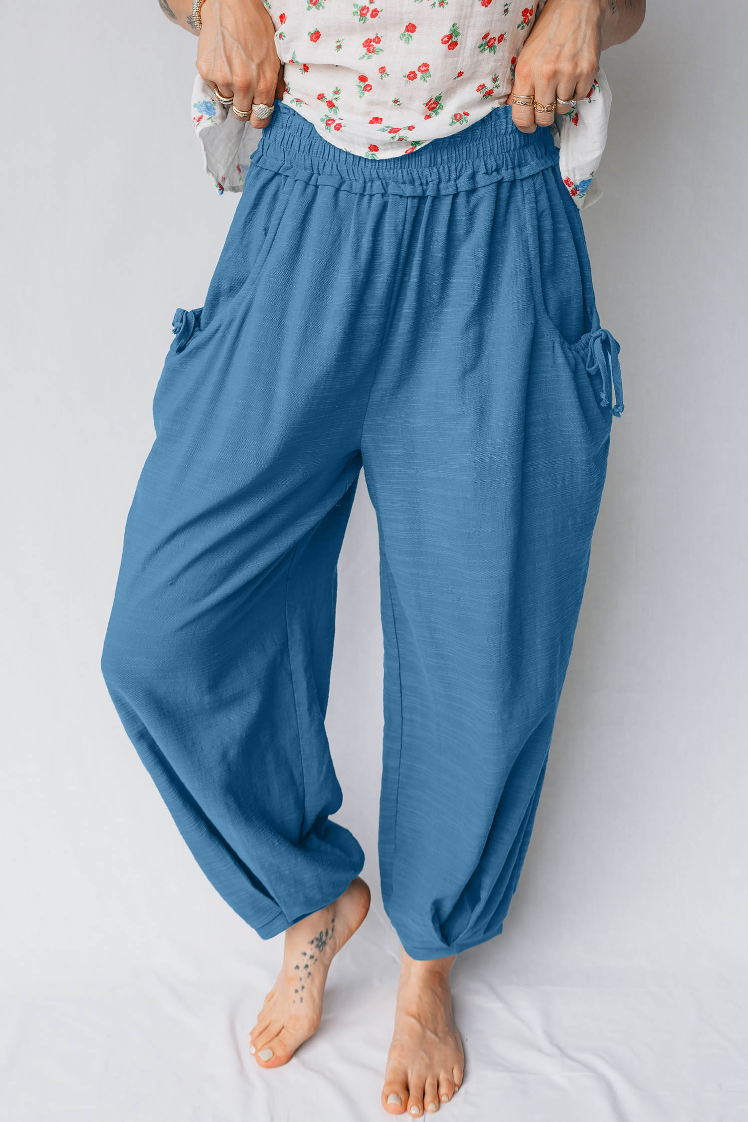 Prussian Blue Smocked Waist Casual Jogger Style Pants