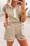 Brown Stripe Half Buttons Top and Shorts Set