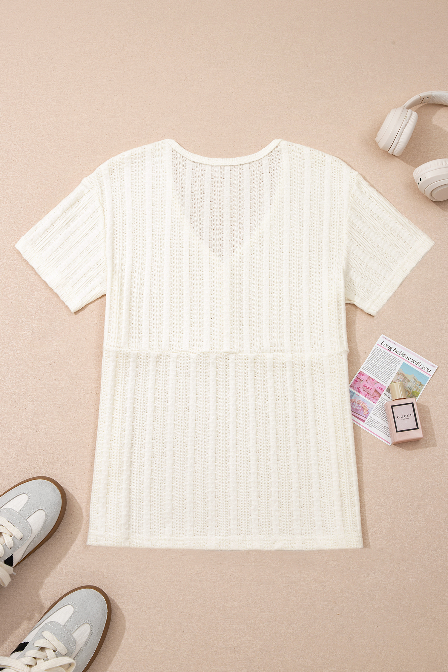 White Solid Color Textured Button V Neck Raw Seam Henley Tee view 4