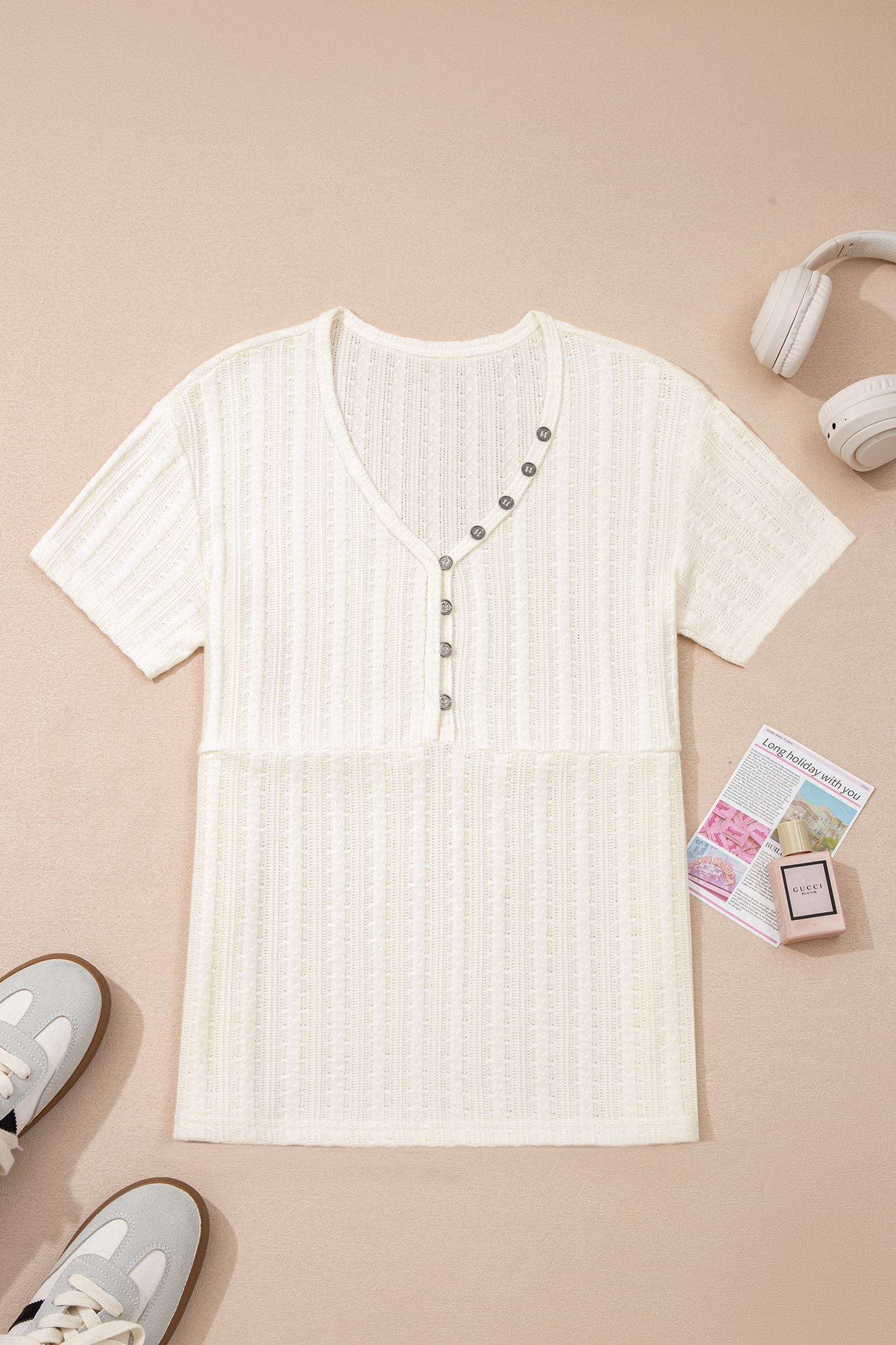White Solid Color Textured Button V Neck Raw Seam Henley Tee view 3