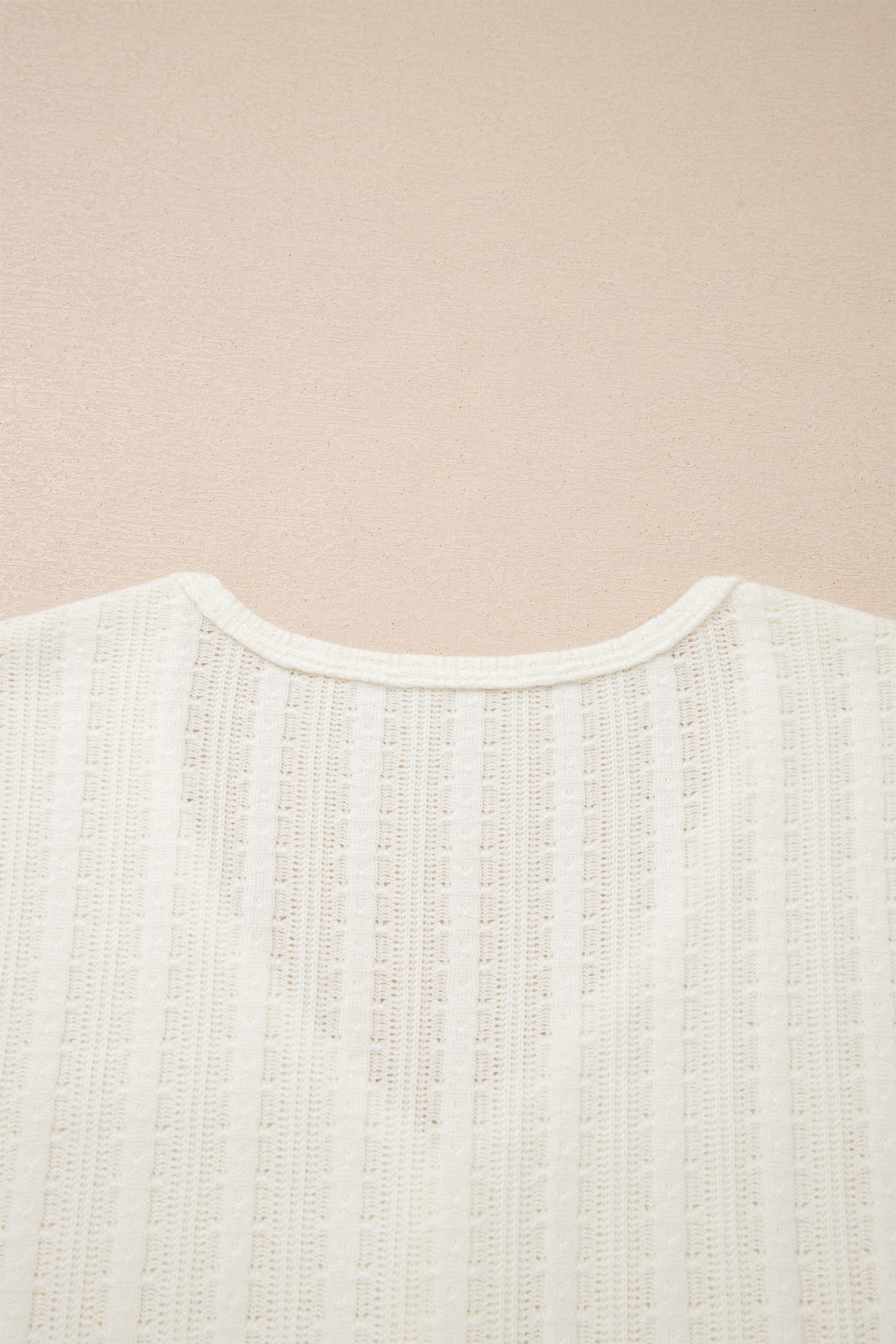 White Solid Color Textured Button V Neck Raw Seam Henley Tee view 9