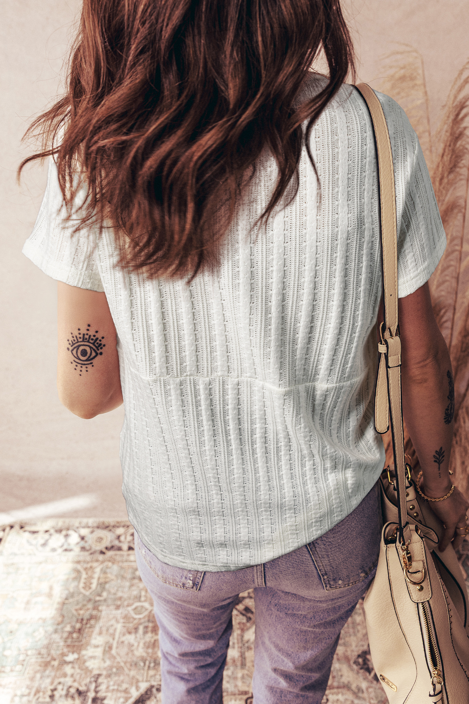 White Solid Color Textured Button V Neck Raw Seam Henley Tee view 2