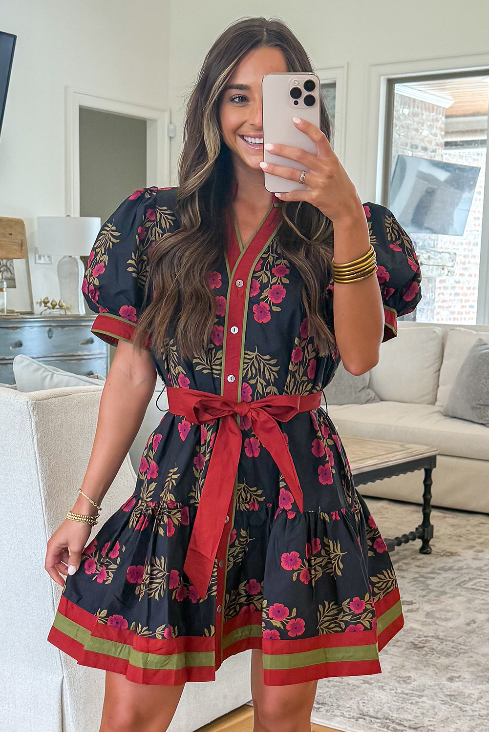 Black Retro Floral Print Button Down Belted Short Puff Sleeve Mini Dress view 5