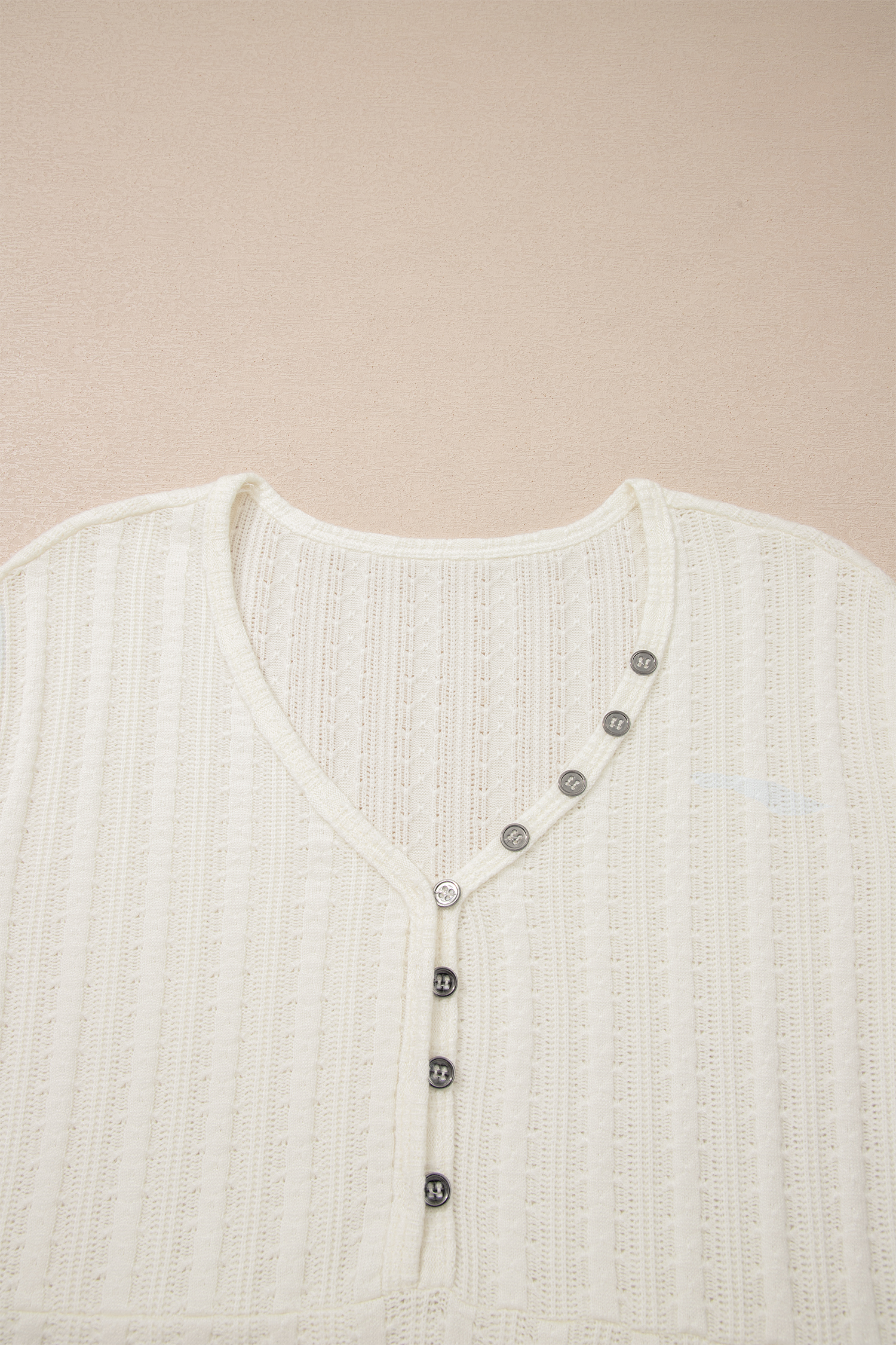 White Solid Color Textured Button V Neck Raw Seam Henley Tee view 8