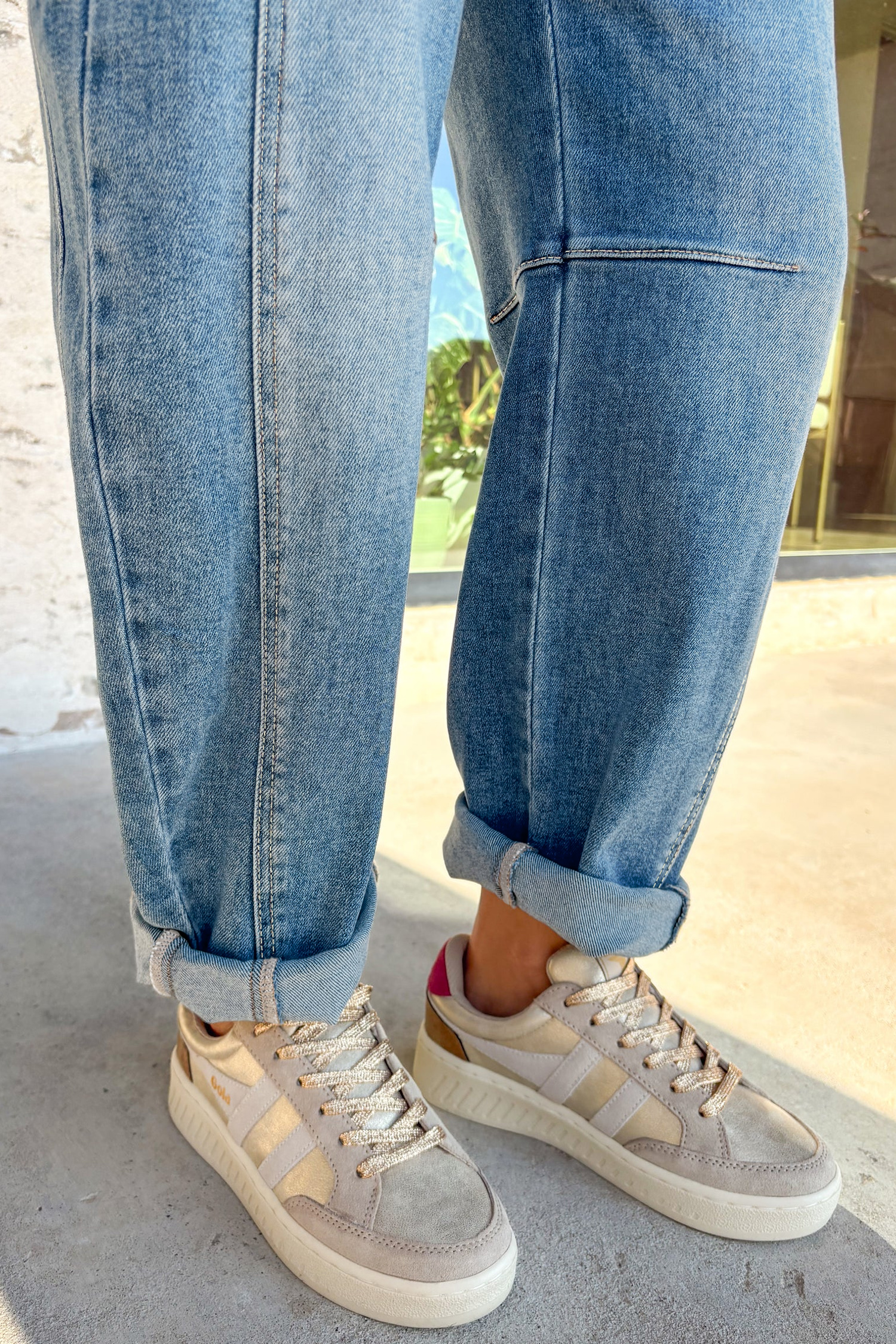 Sky Blue Medium Wash Cuffed Barrel Jeans view 14