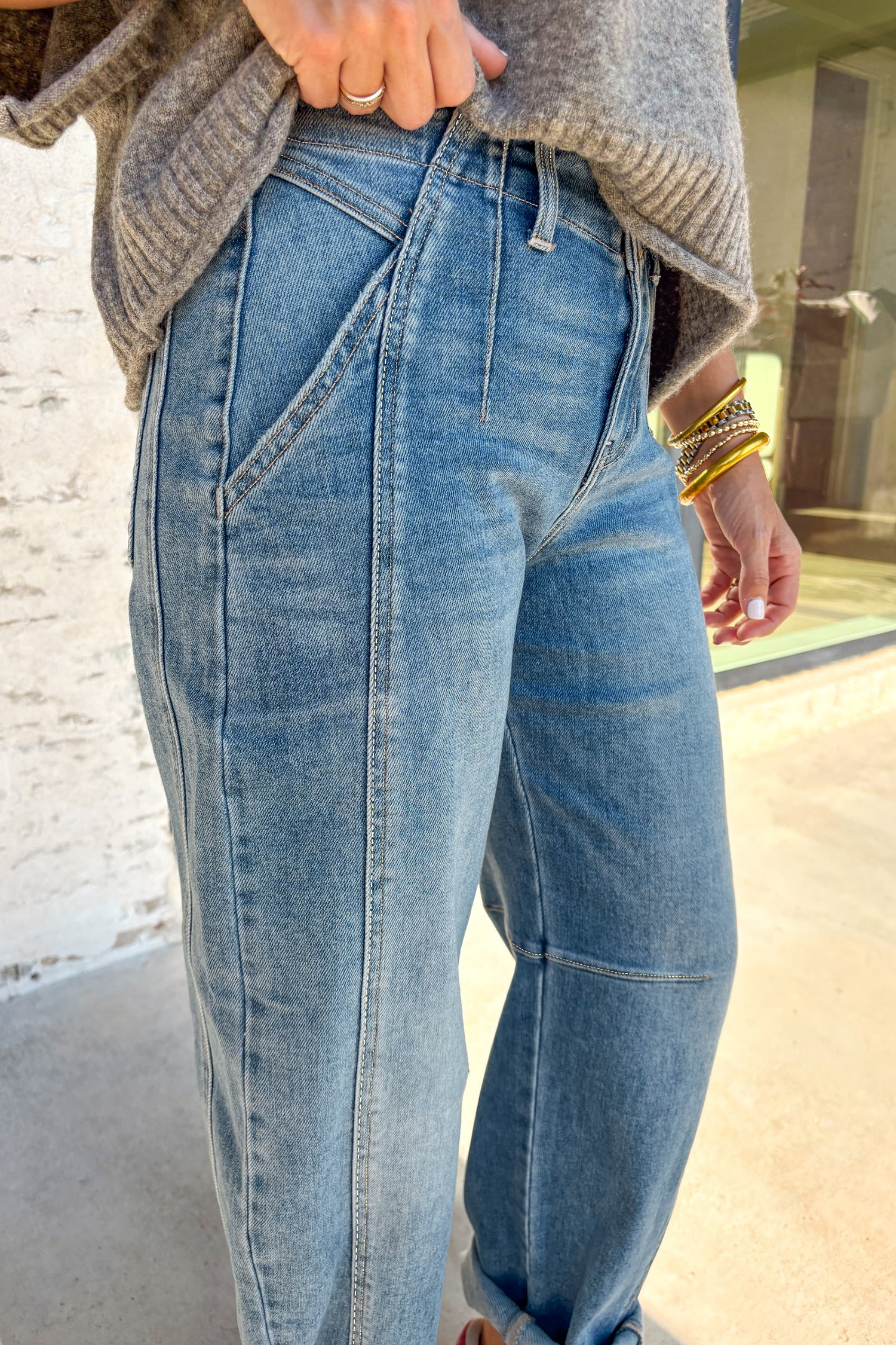 Sky Blue Medium Wash Cuffed Barrel Jeans view 4