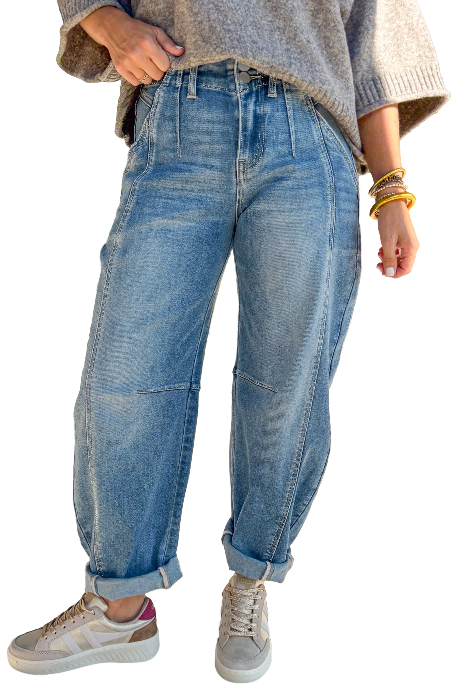 Sky Blue Medium Wash Cuffed Barrel Jeans view 22