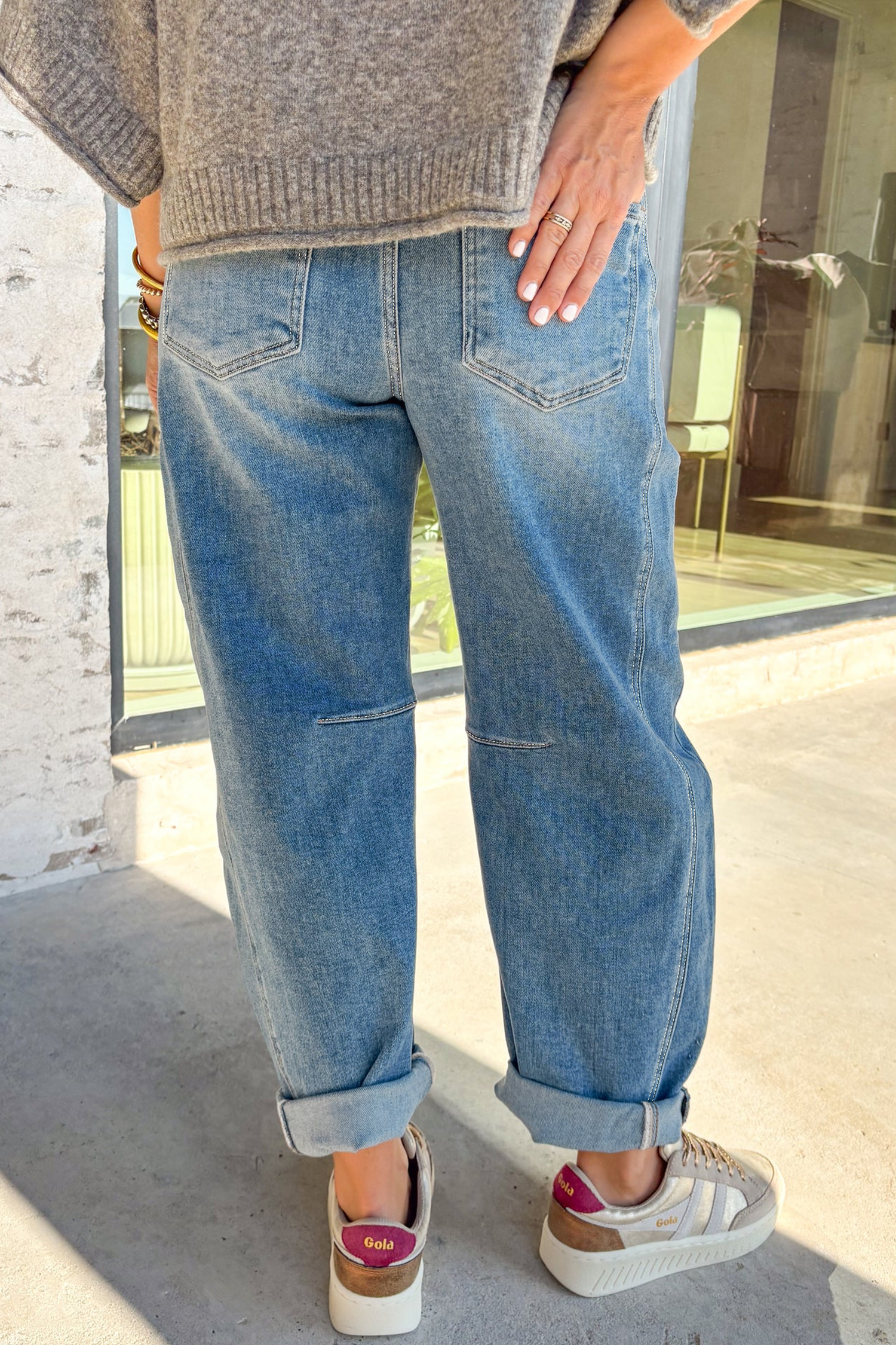 Sky Blue Medium Wash Cuffed Barrel Jeans view 2
