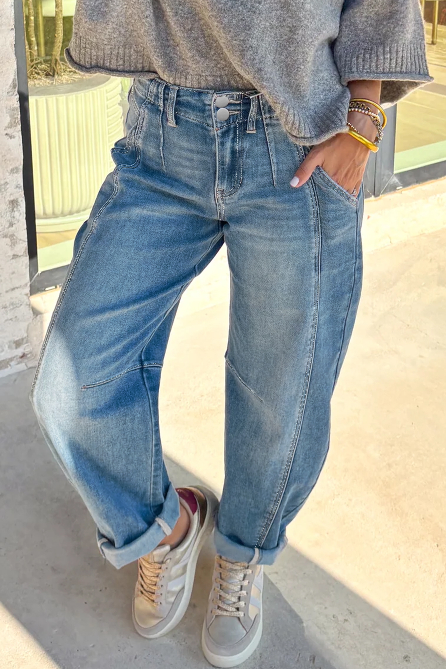 Sky Blue Medium Wash Cuffed Barrel Jeans view 3