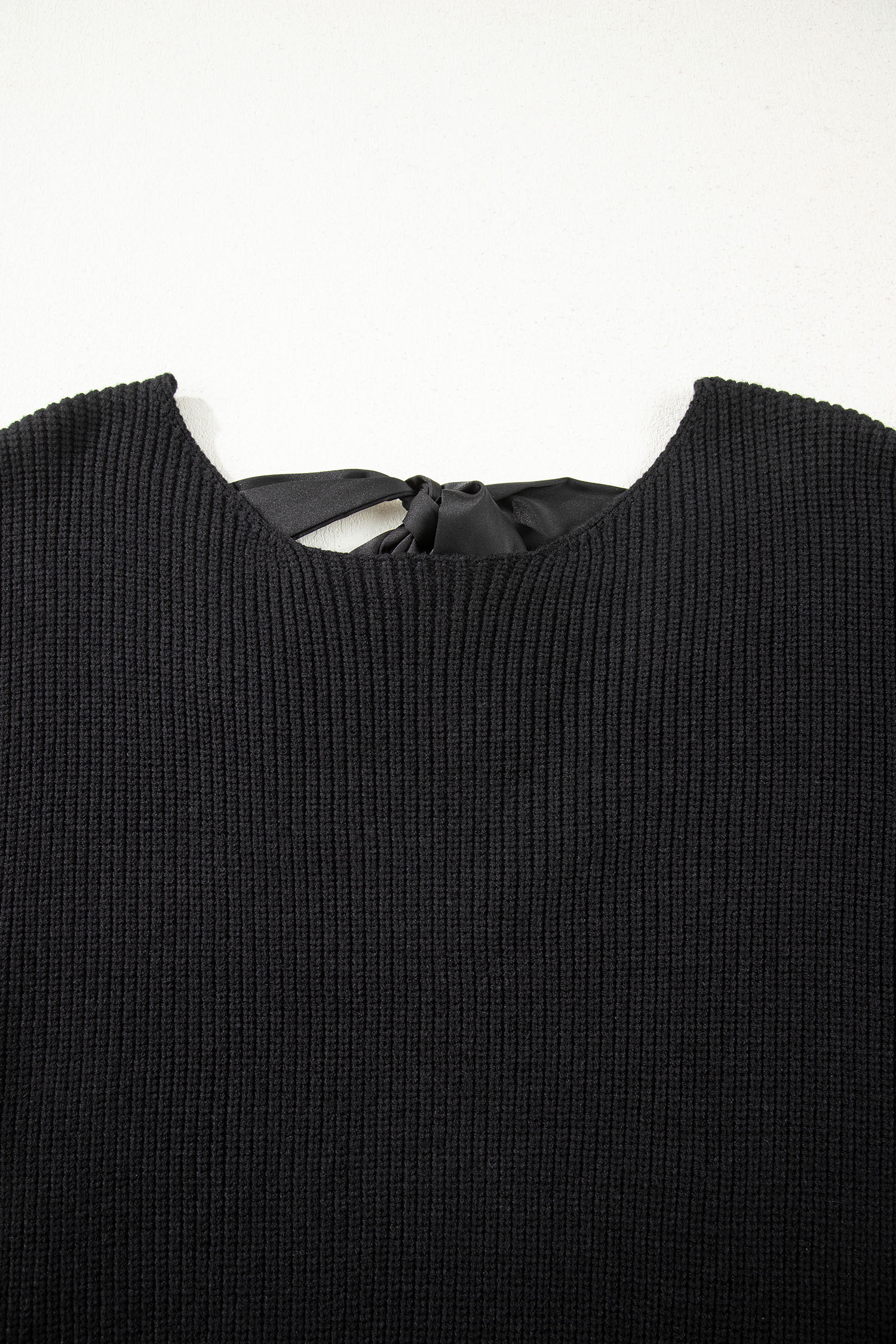Black Ribbed Knit Ribbon Knot Backless Drop Shoulder Sweater view 14